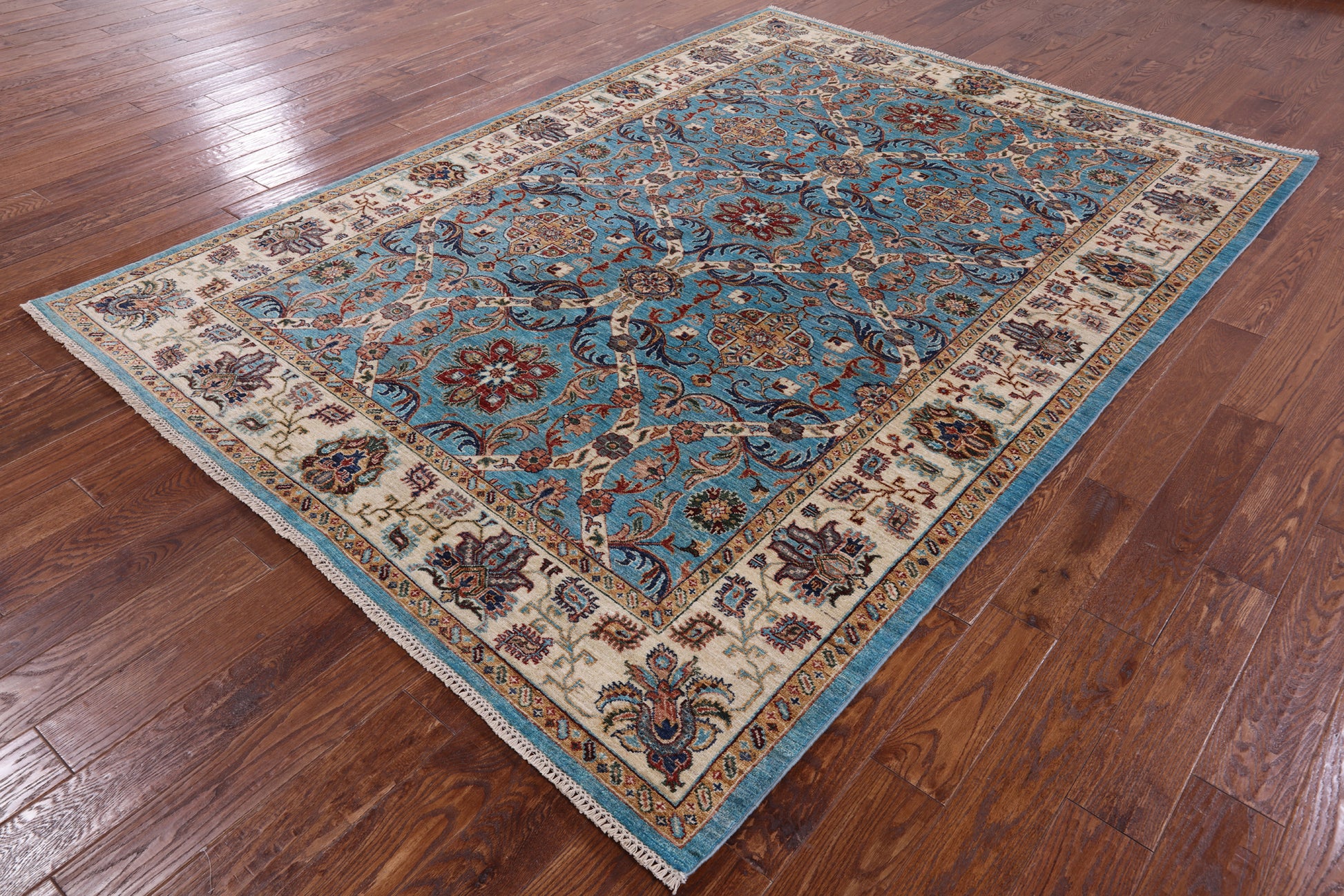 Blue Peshawar Hand Knotted Wool Rug - 7' 0" X 9' 8" - Golden Nile