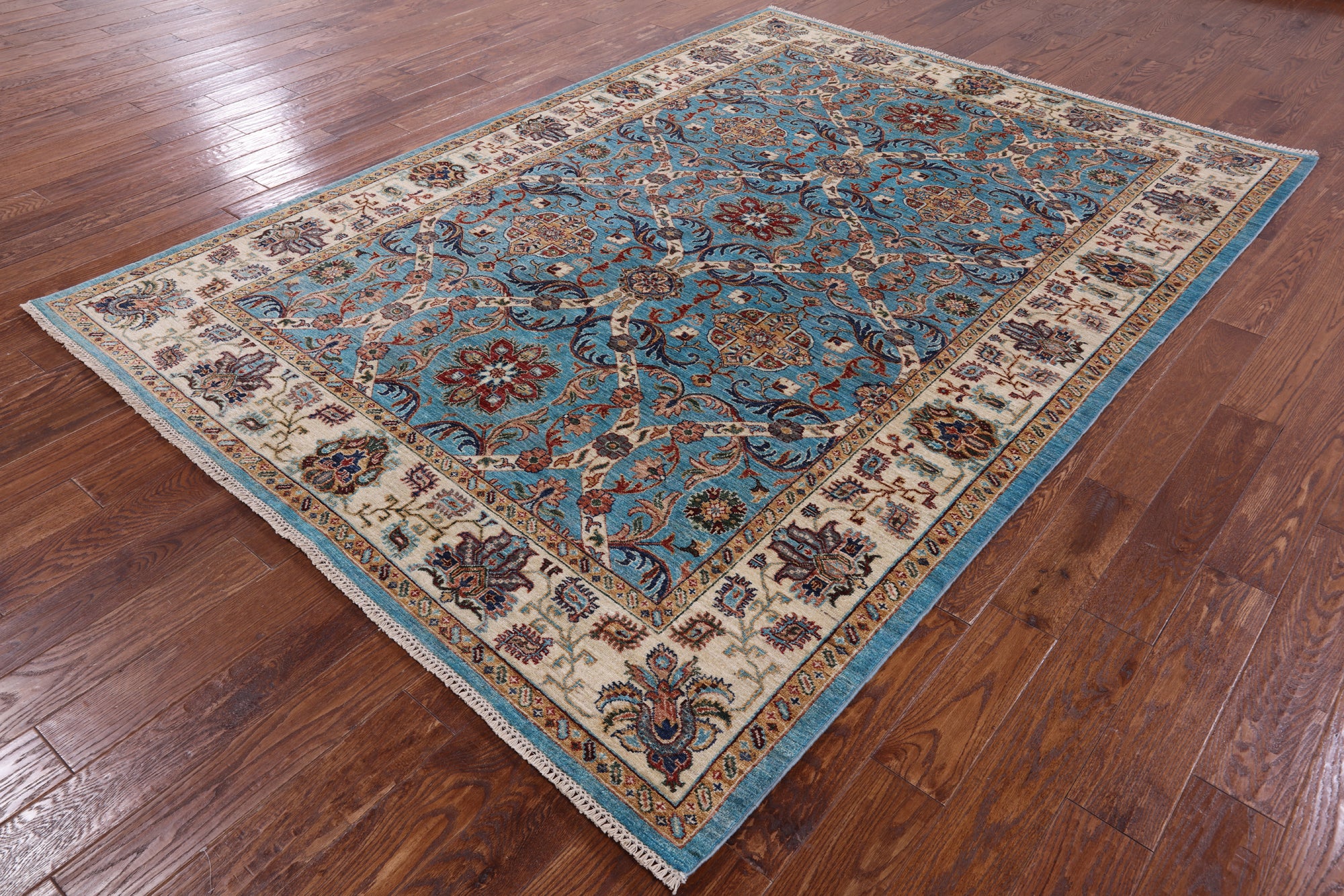 Blue Peshawar Hand Knotted Wool Rug - 7' 0" X 9' 8" - Golden Nile