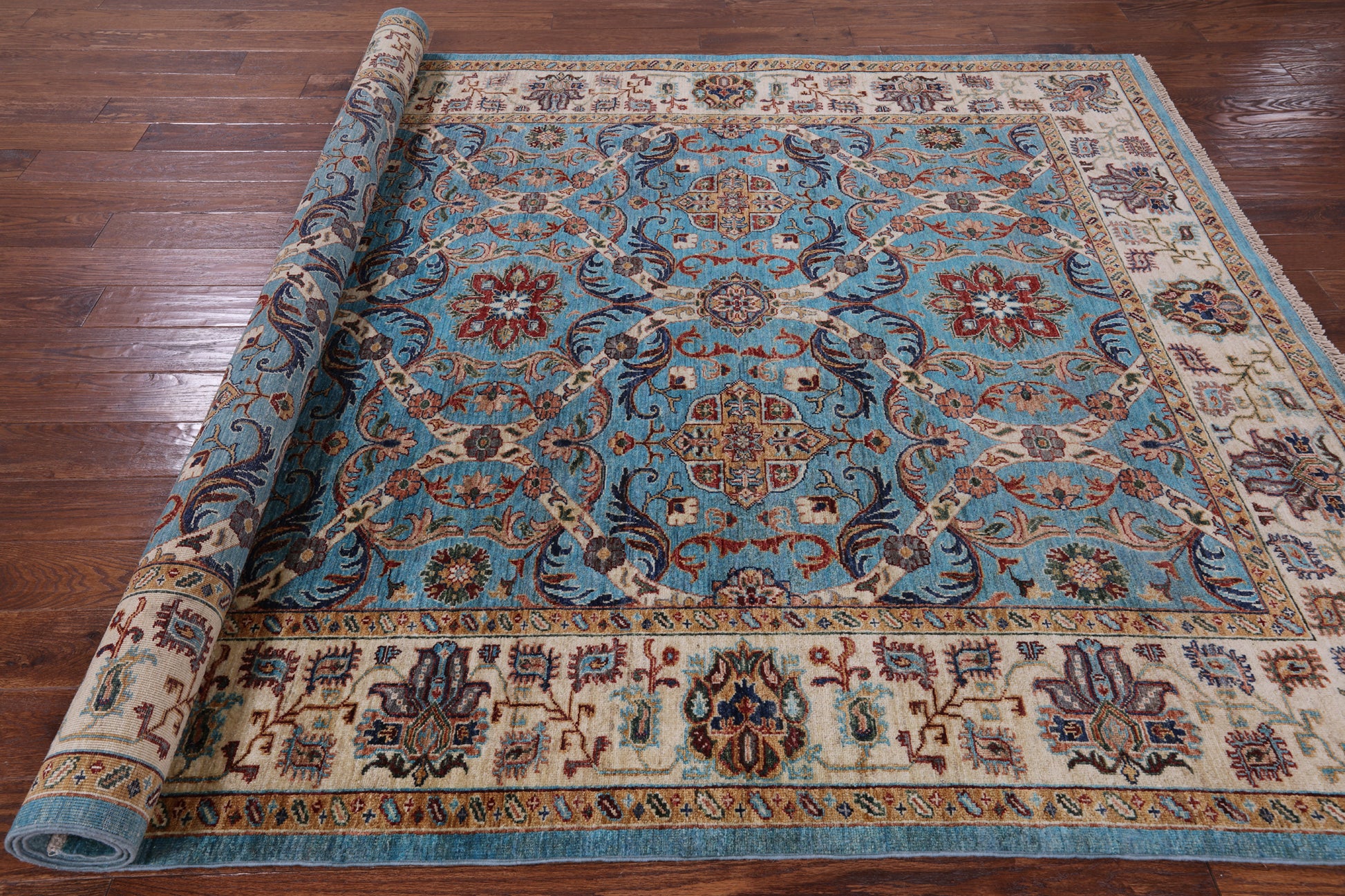 Blue Peshawar Hand Knotted Wool Rug - 7' 0" X 9' 8" - Golden Nile