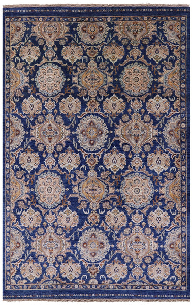 Blue Peshawar Hand Knotted Wool Rug - 6' 7" X 10' 3" - Golden Nile
