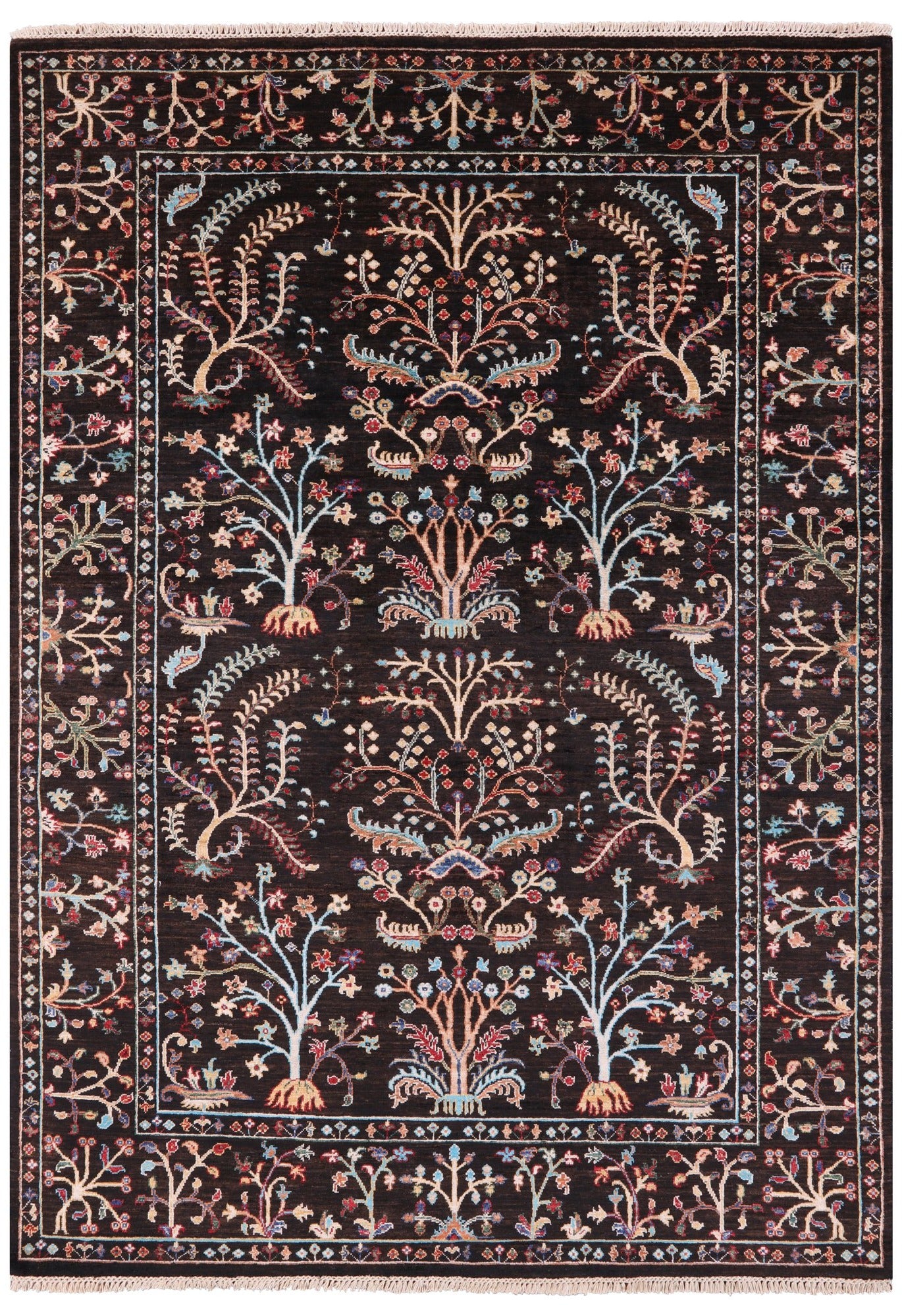 Brown Tree Of Life Peshawar Hand Knotted Wool Rug - 5' 8" X 8' 0" - Golden Nile