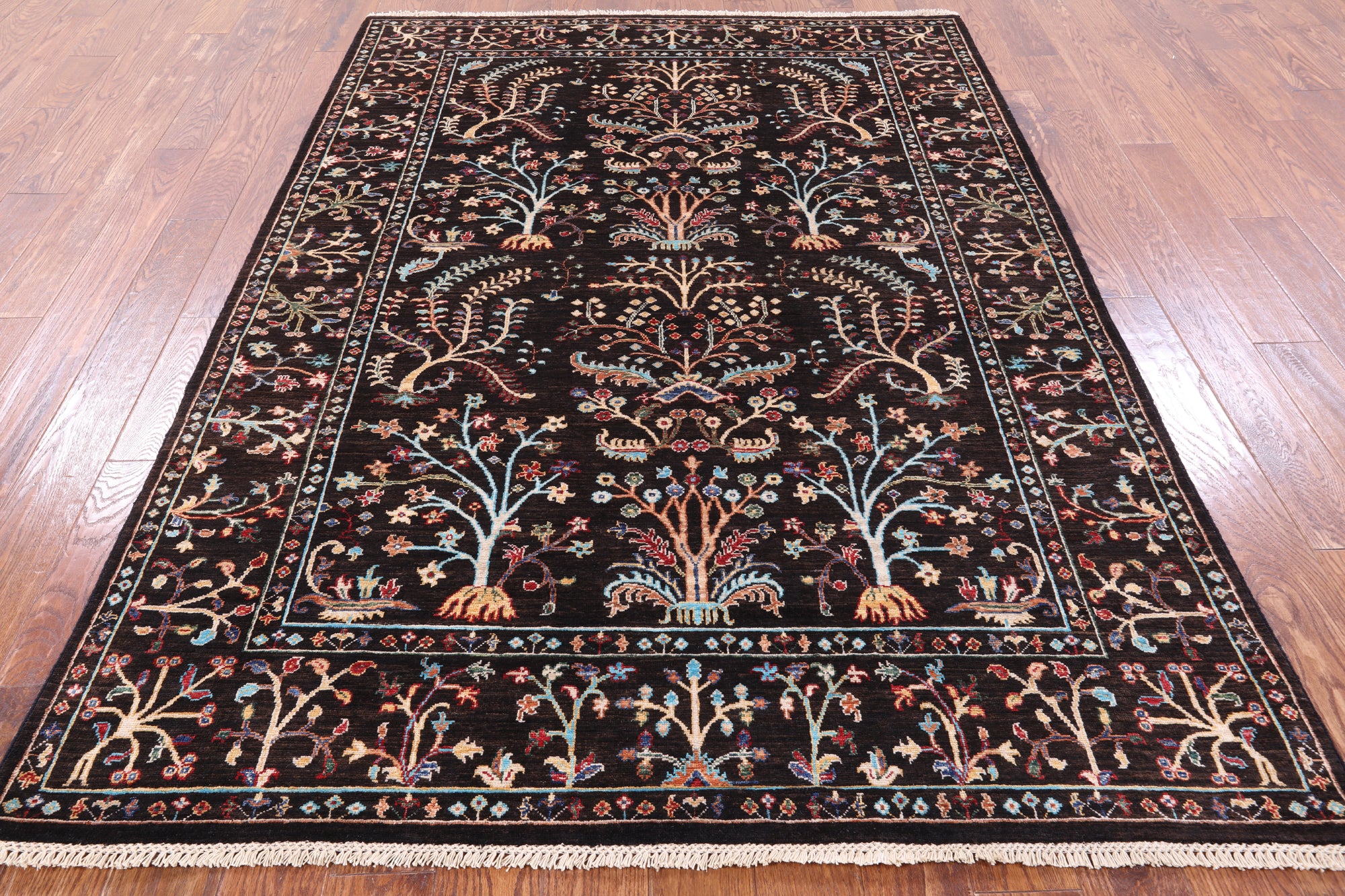 Brown Tree Of Life Peshawar Hand Knotted Wool Rug - 5' 8" X 8' 0" - Golden Nile