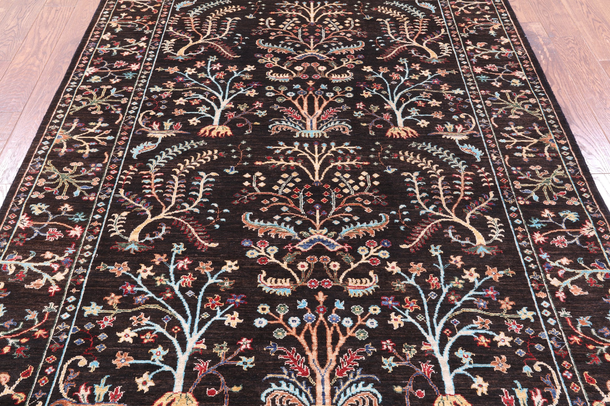 Brown Tree Of Life Peshawar Hand Knotted Wool Rug - 5' 8" X 8' 0" - Golden Nile