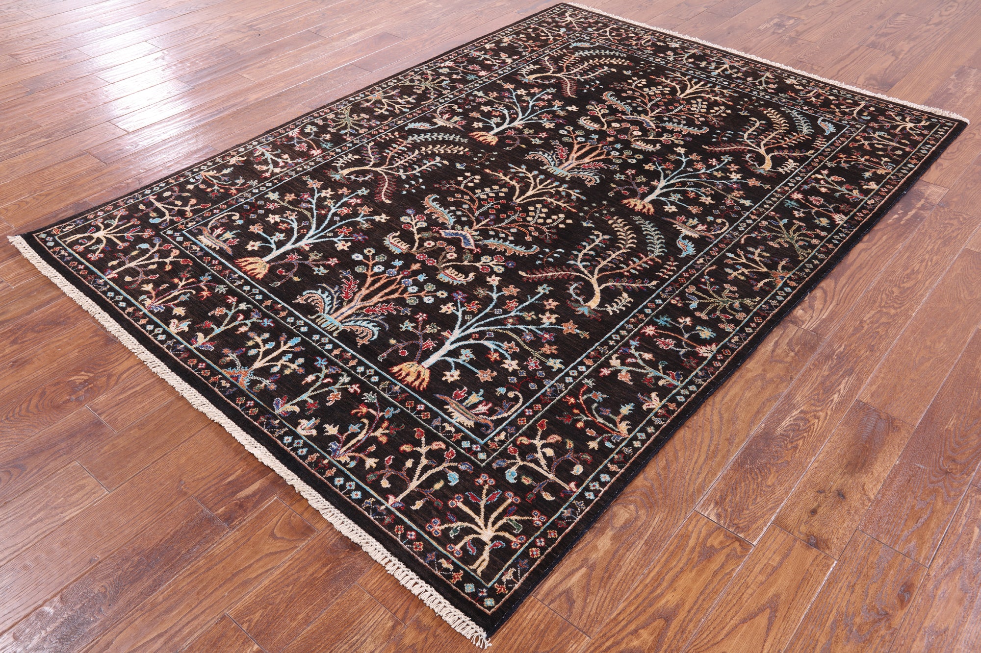 Brown Tree Of Life Peshawar Hand Knotted Wool Rug - 5' 8" X 8' 0" - Golden Nile