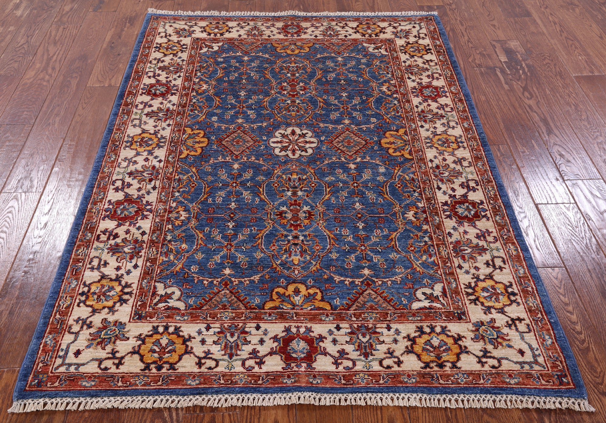 Blue Peshawar Hand Knotted Wool Rug - 4' 4" X 5' 11" - Golden Nile