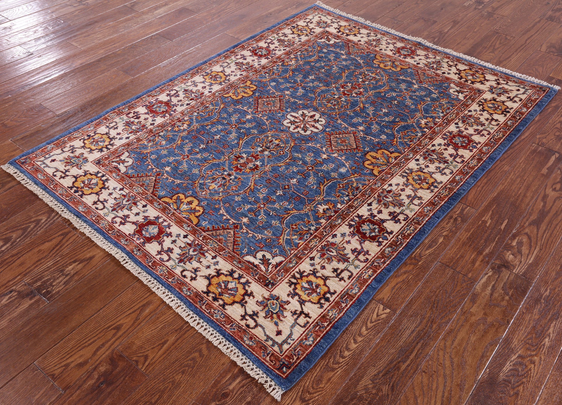 Blue Peshawar Hand Knotted Wool Rug - 4' 4" X 5' 11" - Golden Nile