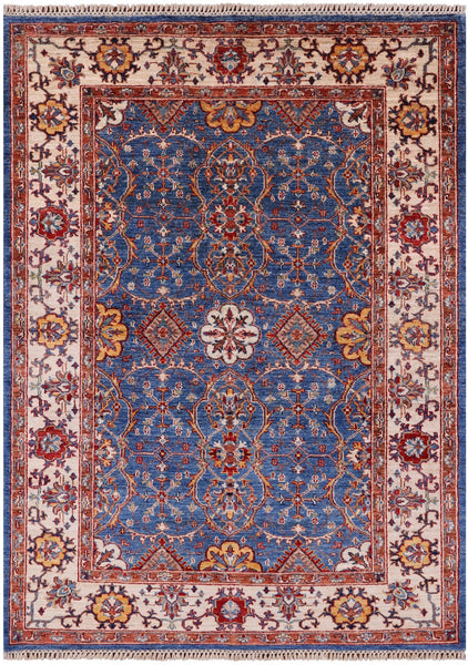 Blue Peshawar Hand Knotted Wool Rug - 4' 4" X 5' 11" - Golden Nile