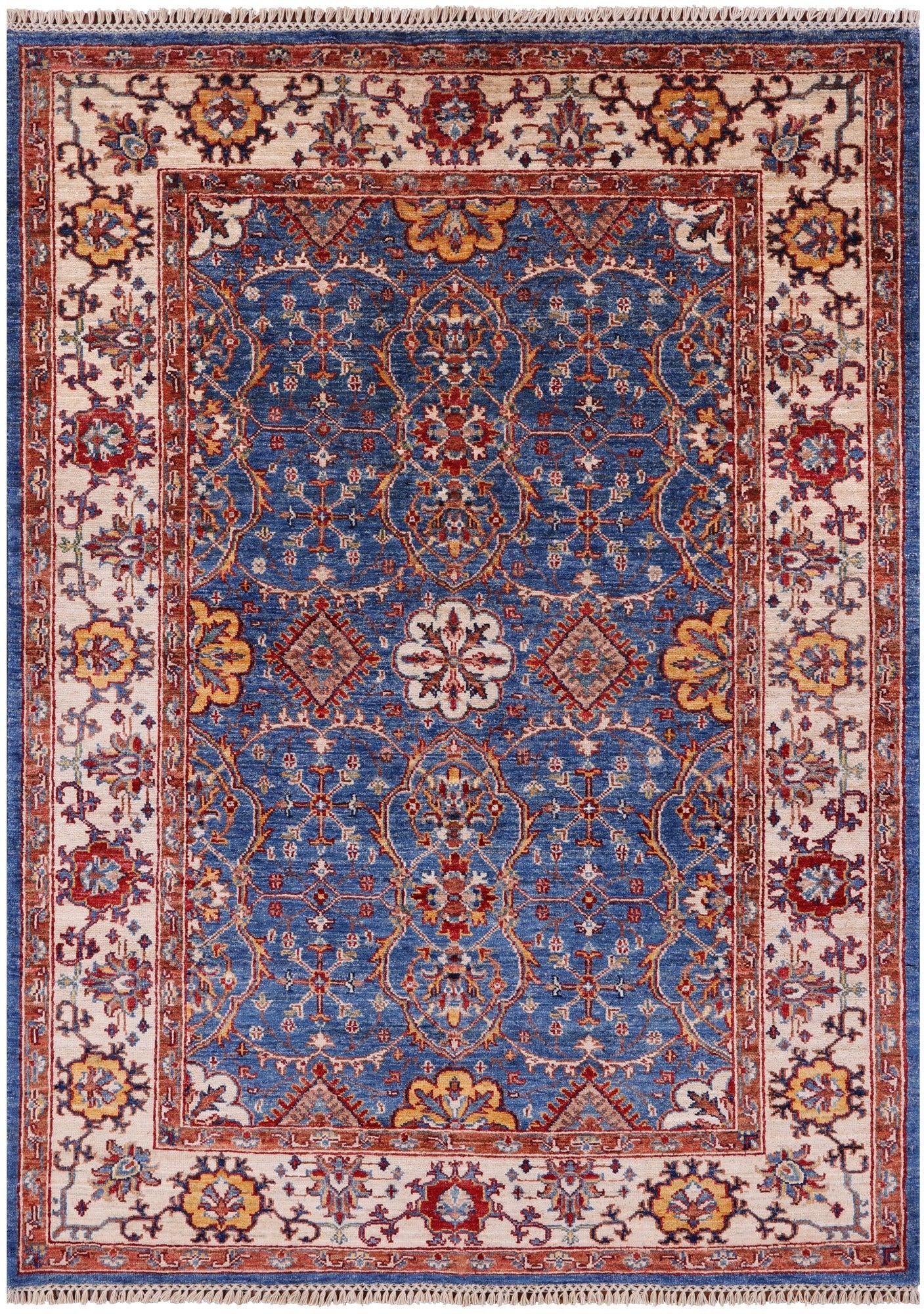 Blue Peshawar Hand Knotted Wool Rug - 4' 4" X 5' 11" - Golden Nile