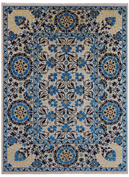 Ivory William Morris Hand Knotted Wool Rug - 8' 9" X 11' 8" - Golden Nile