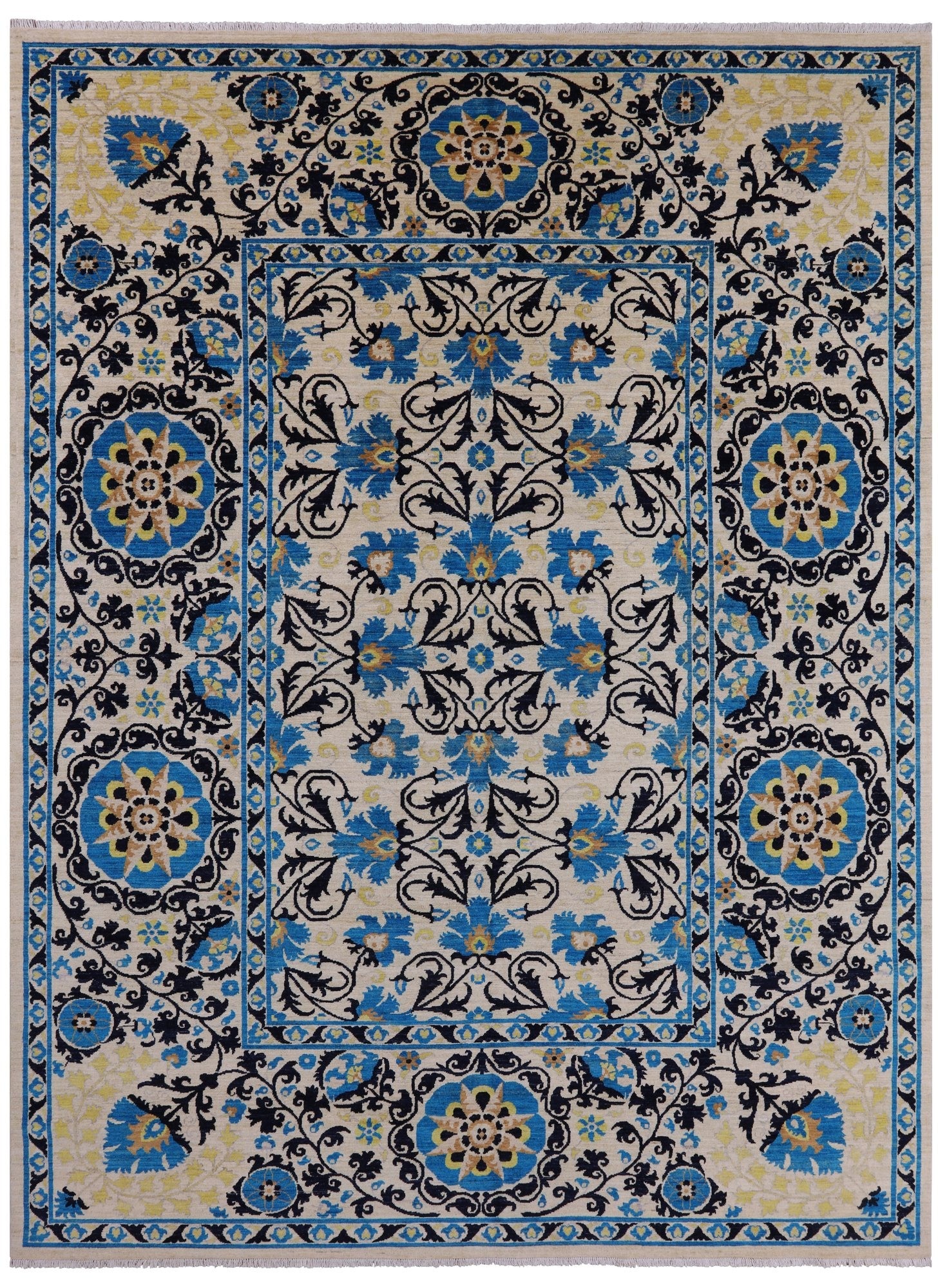 Ivory William Morris Hand Knotted Wool Rug - 8' 9" X 11' 8" - Golden Nile