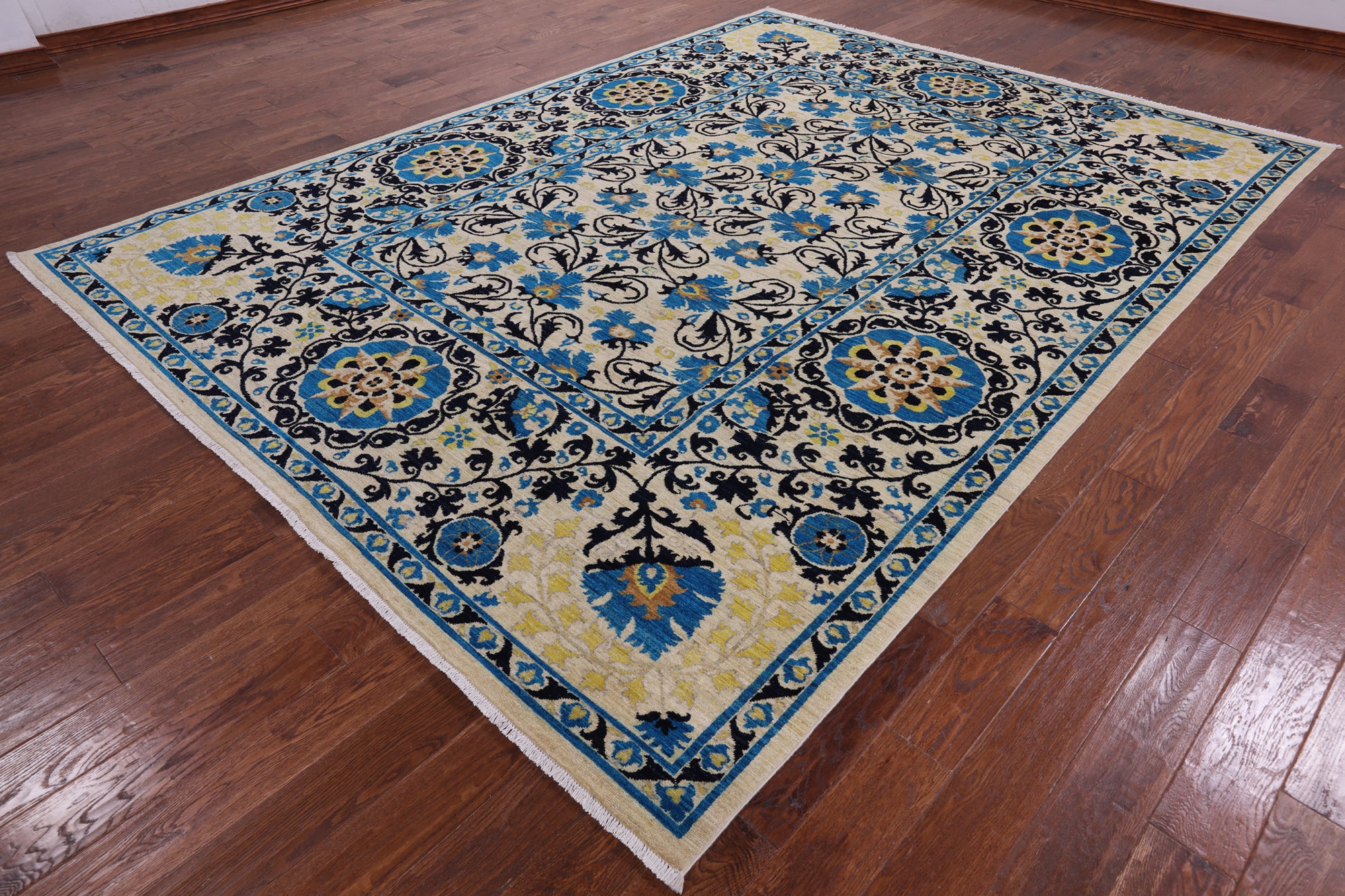 Ivory William Morris Hand Knotted Wool Rug - 8' 9" X 11' 8" - Golden Nile