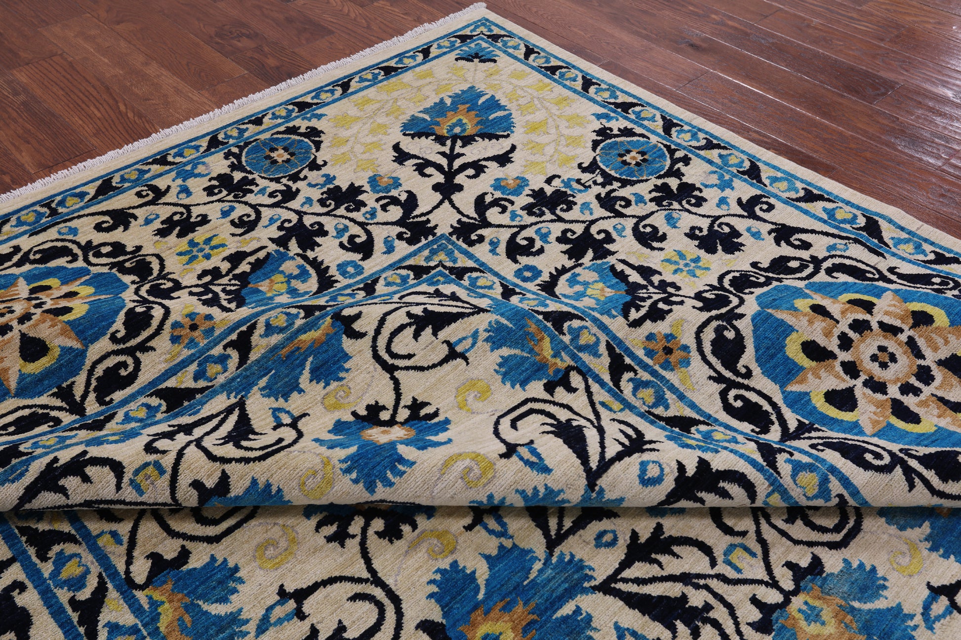 Ivory William Morris Hand Knotted Wool Rug - 8' 9" X 11' 8" - Golden Nile