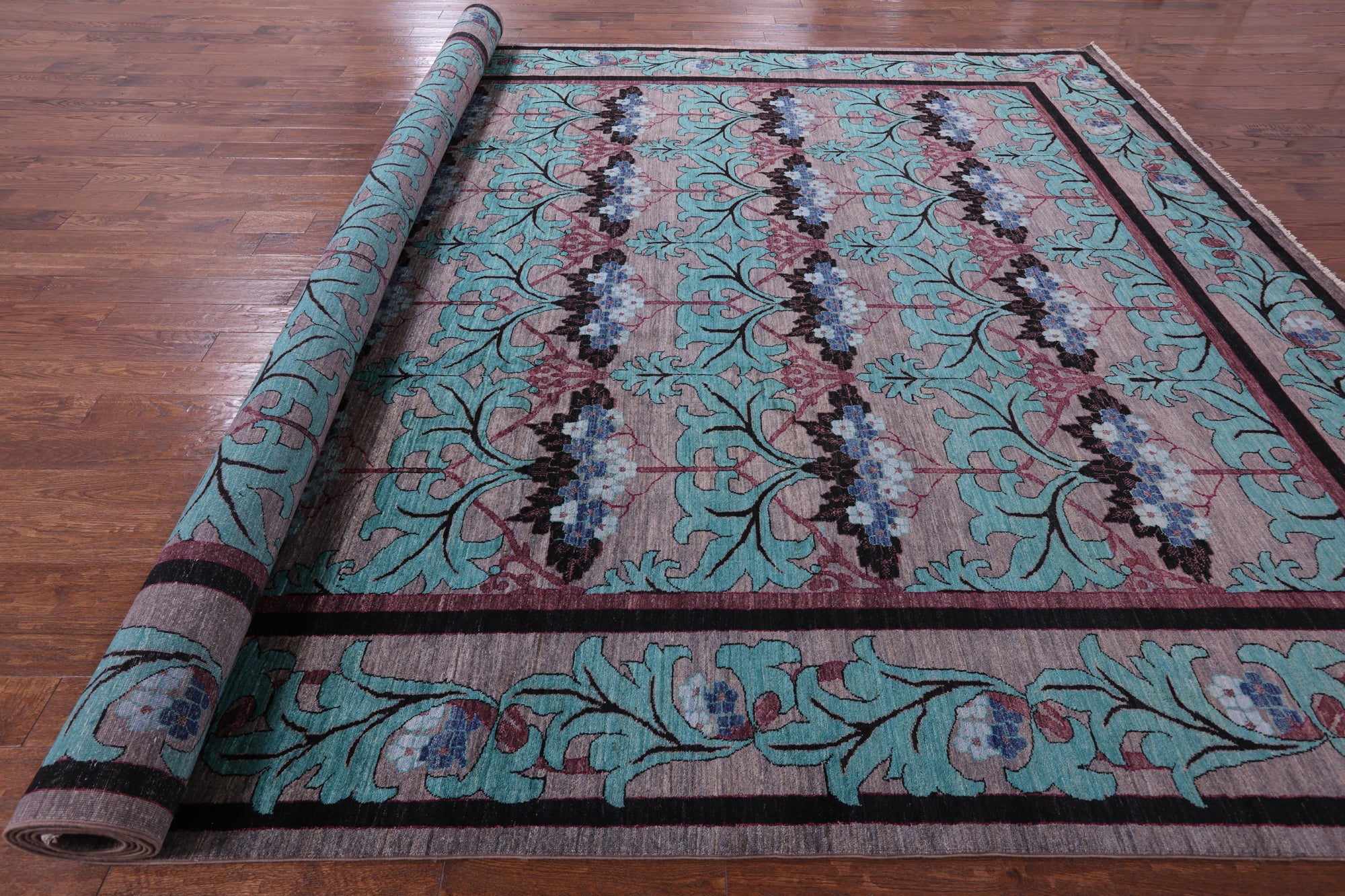Grey William Morris Hand Knotted Wool Rug - 11' 9" X 18' 2" - Golden Nile