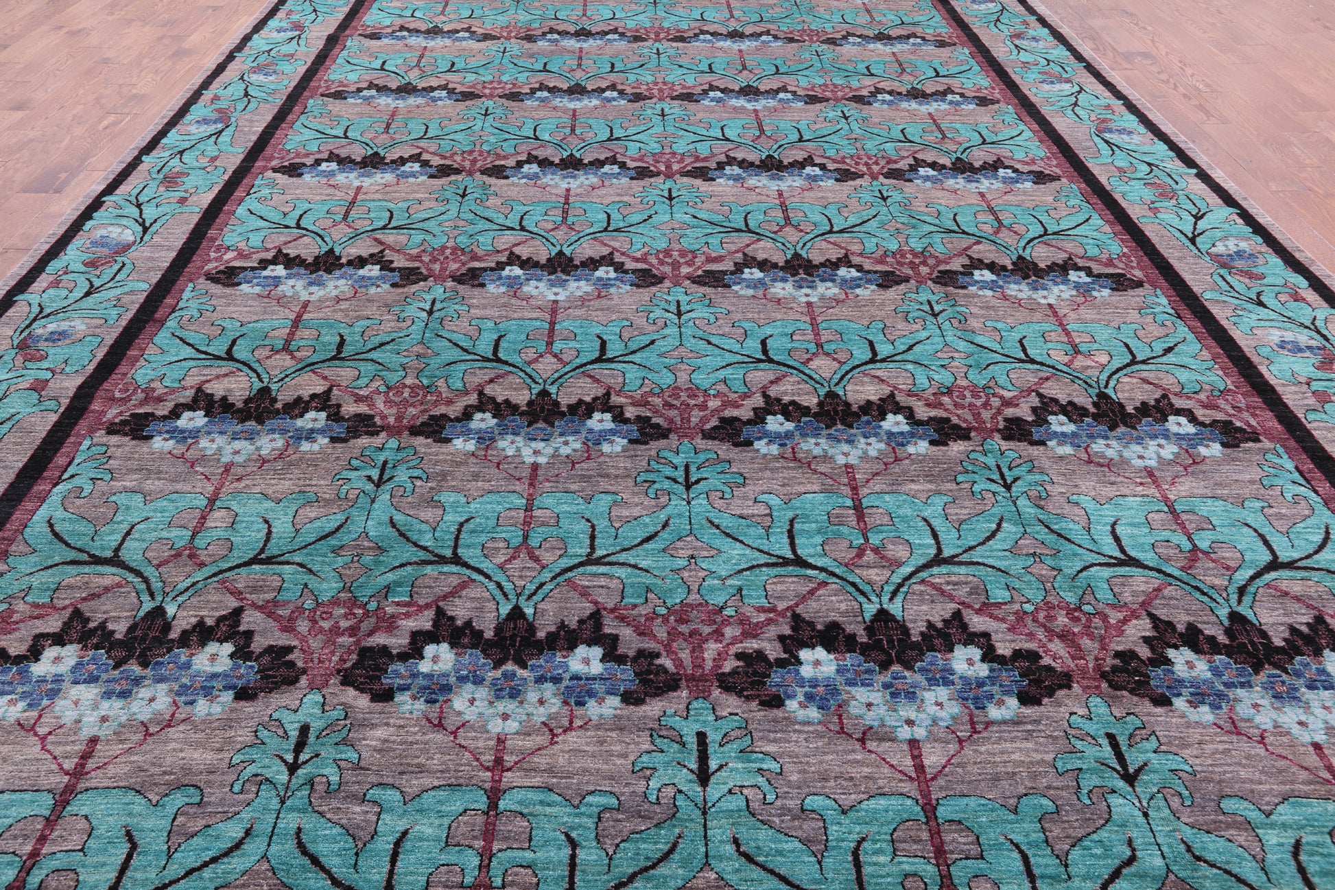 Grey William Morris Hand Knotted Wool Rug - 11' 9" X 18' 2" - Golden Nile