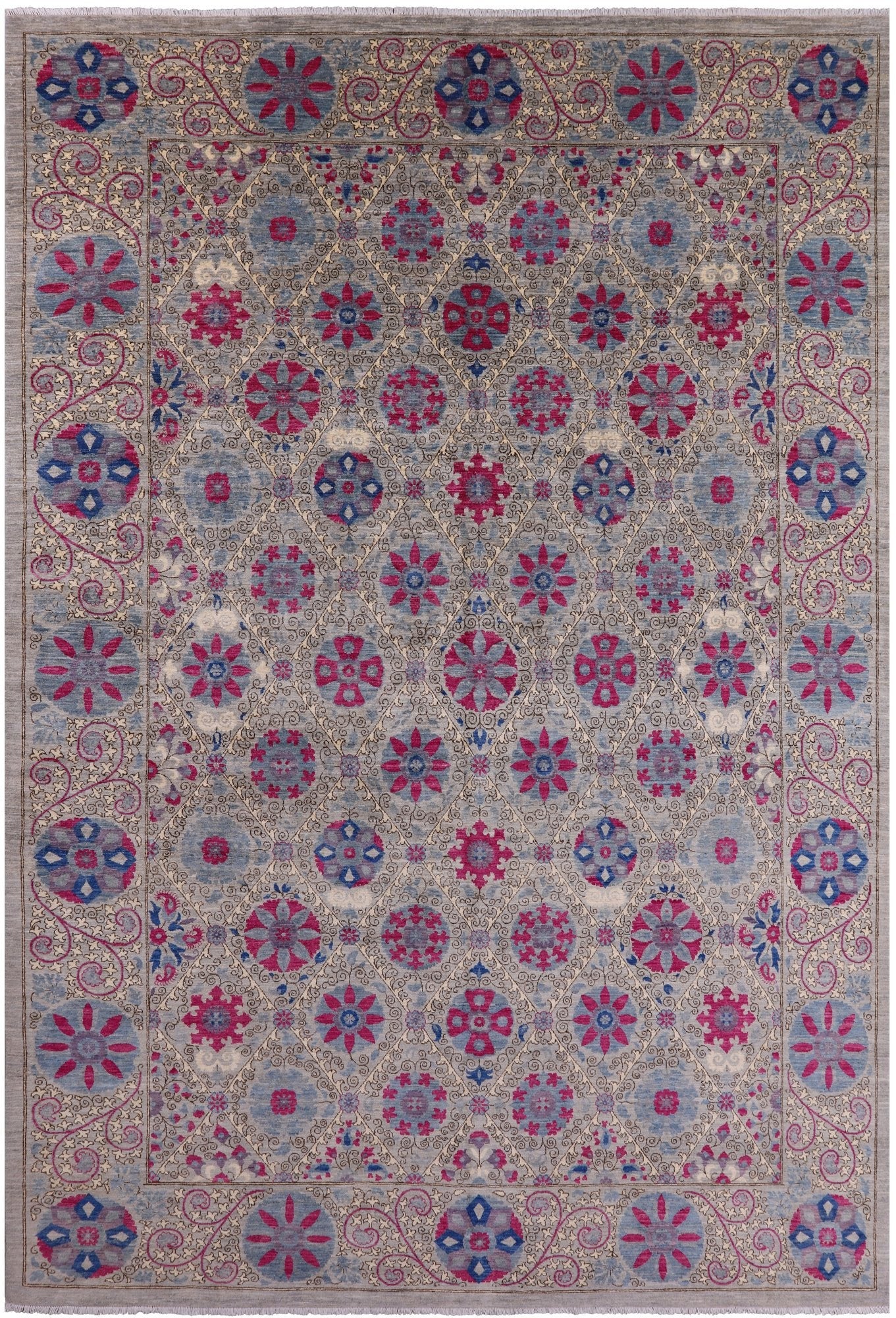 Grey William Morris Hand Knotted Wool Rug - 9' 10" X 14' 5" - Golden Nile