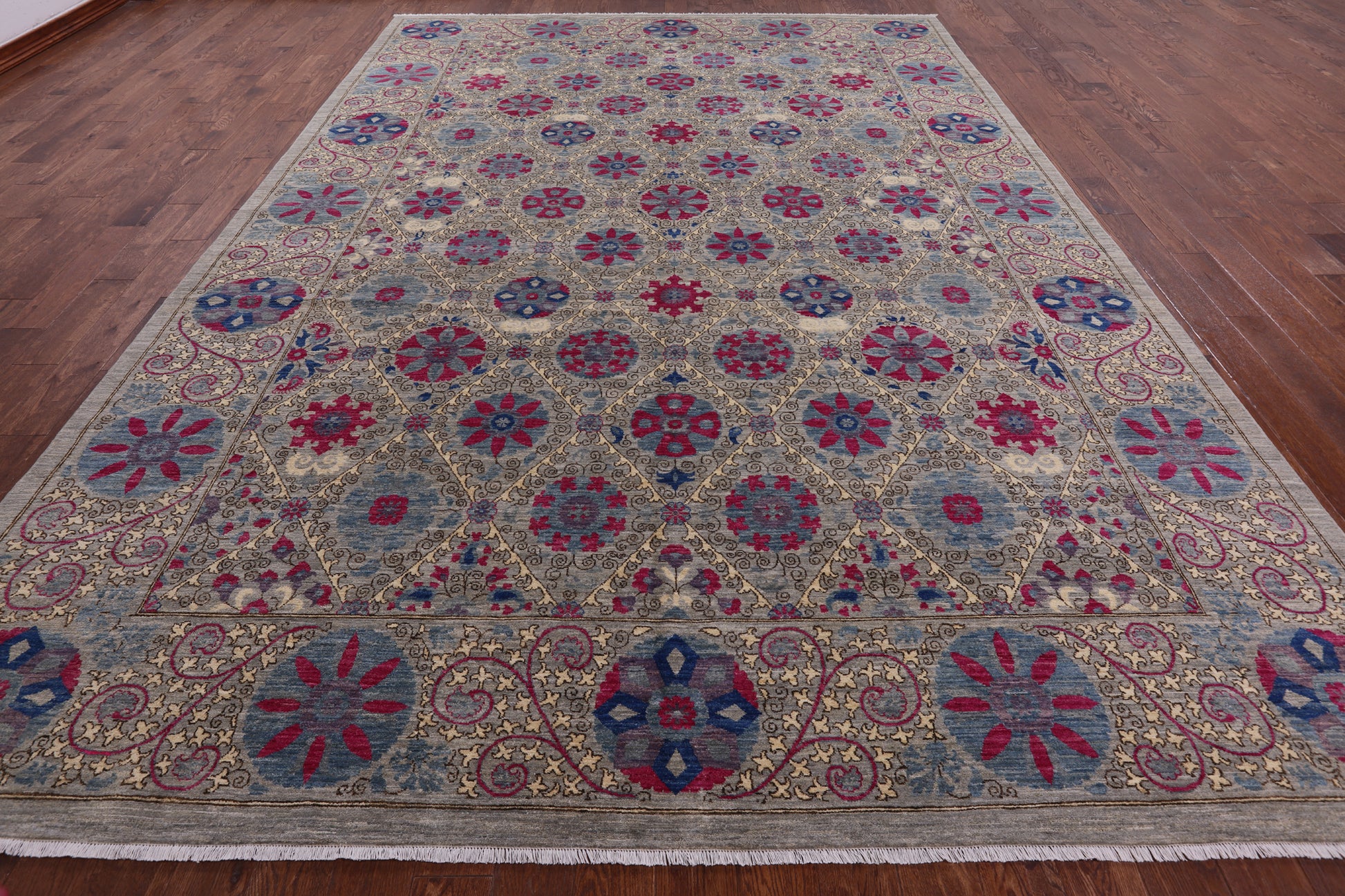 Grey William Morris Hand Knotted Wool Rug - 9' 10" X 14' 5" - Golden Nile