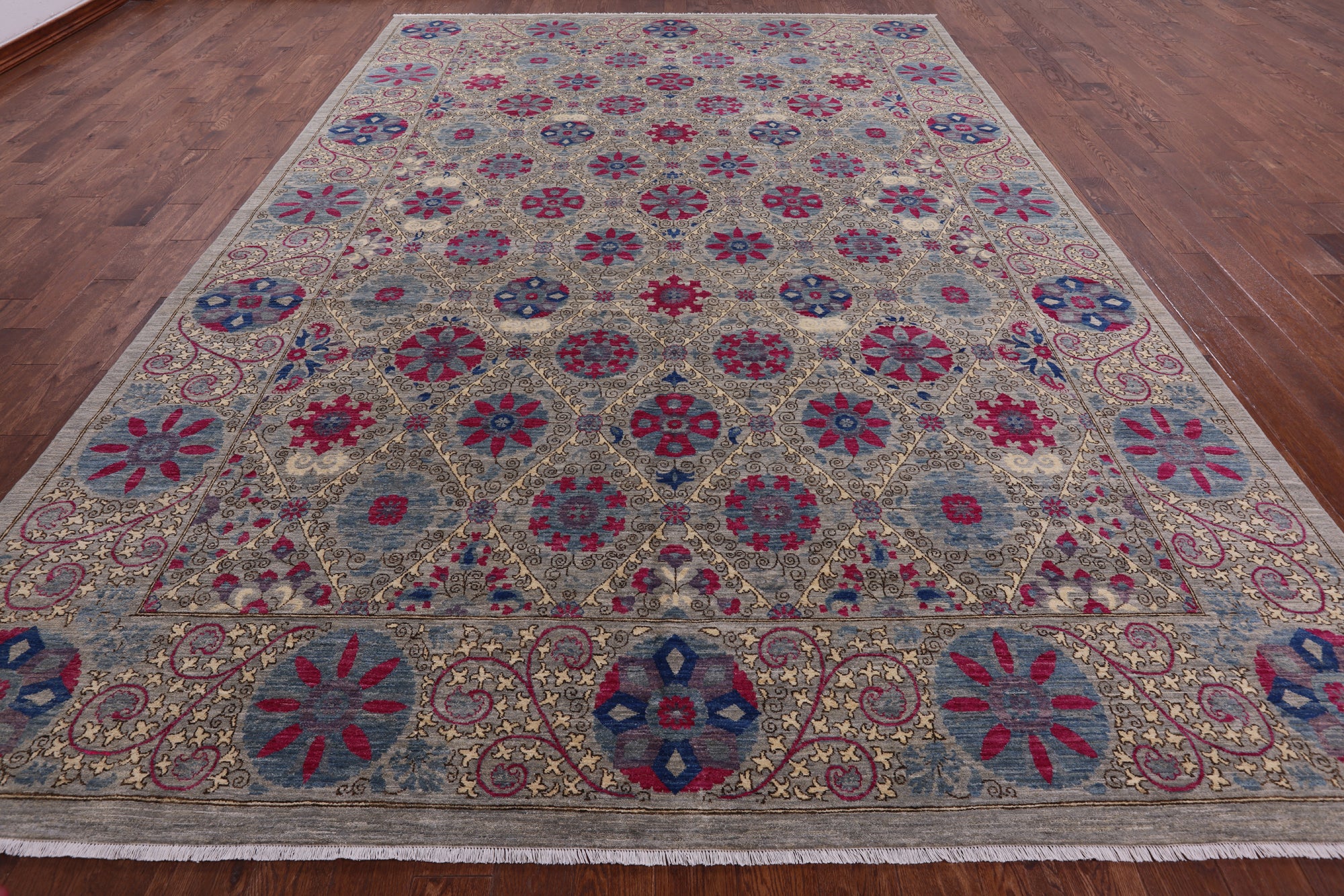 Grey William Morris Hand Knotted Wool Rug - 9' 10" X 14' 5" - Golden Nile