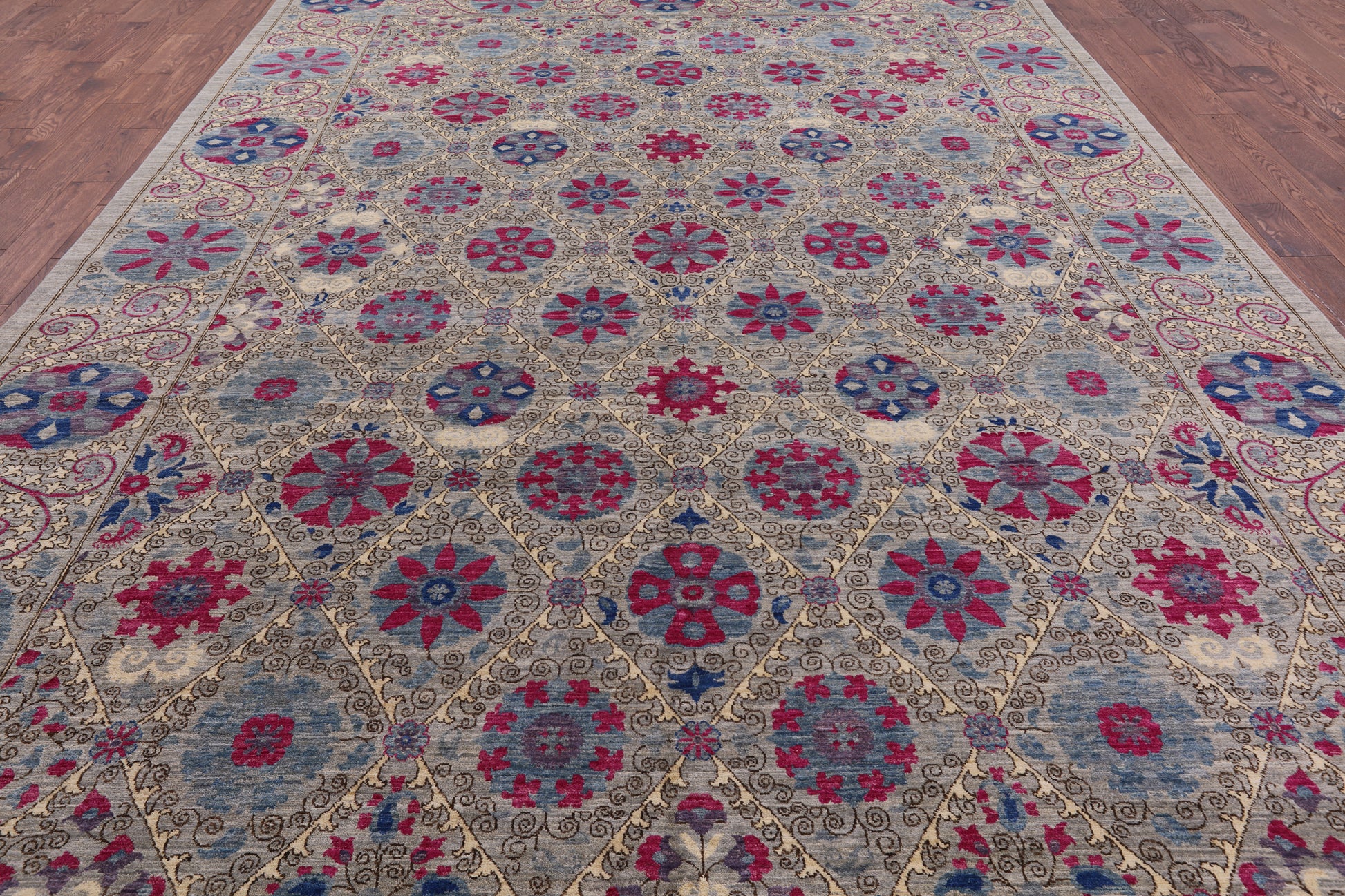 Grey William Morris Hand Knotted Wool Rug - 9' 10" X 14' 5" - Golden Nile