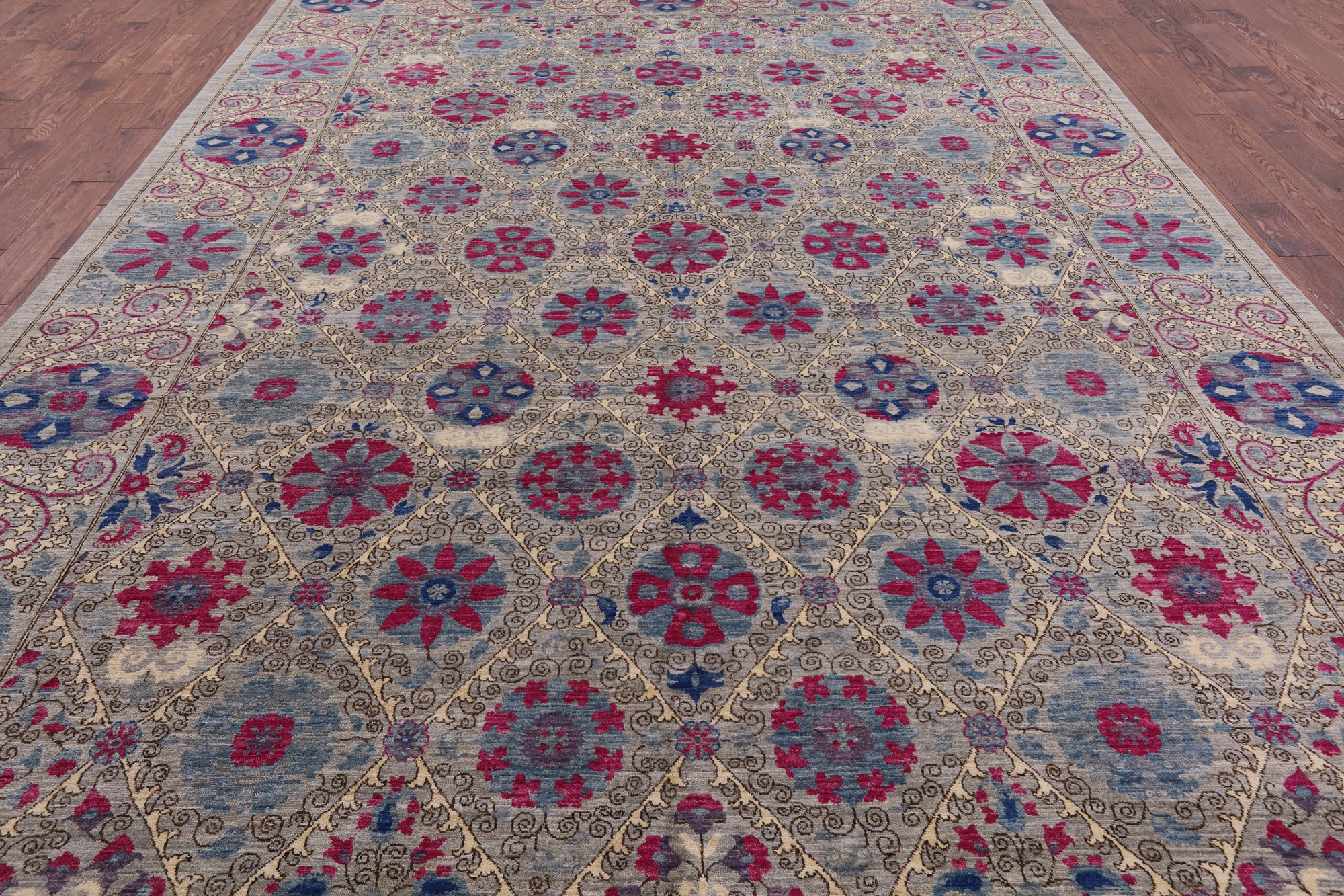 Grey William Morris Hand Knotted Wool Rug - 9' 10" X 14' 5" - Golden Nile