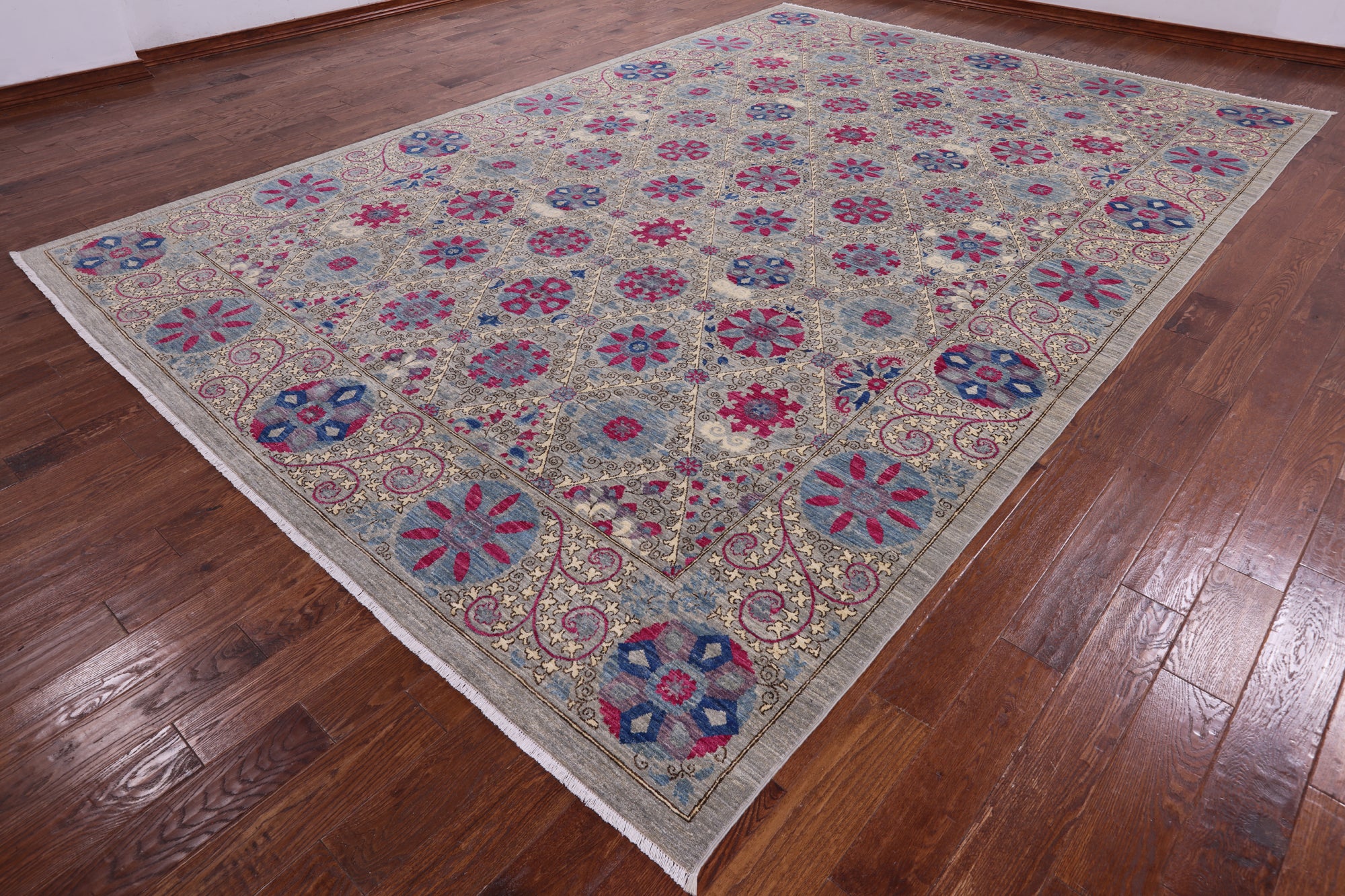 Grey William Morris Hand Knotted Wool Rug - 9' 10" X 14' 5" - Golden Nile