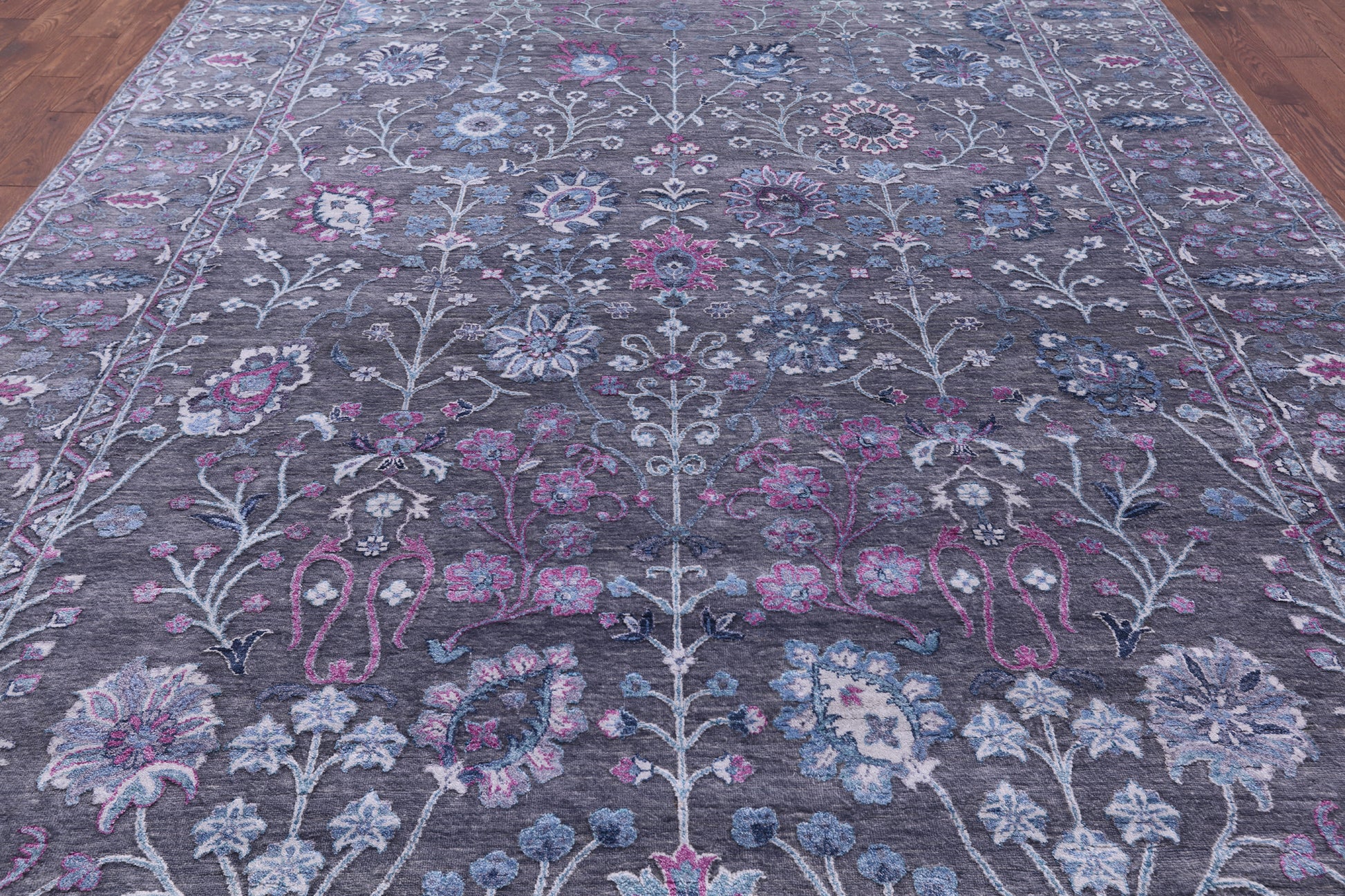 Grey Contemporary Hand Knotted Wool & Silk Rug - 9' 0" X 12' 3" - Golden Nile