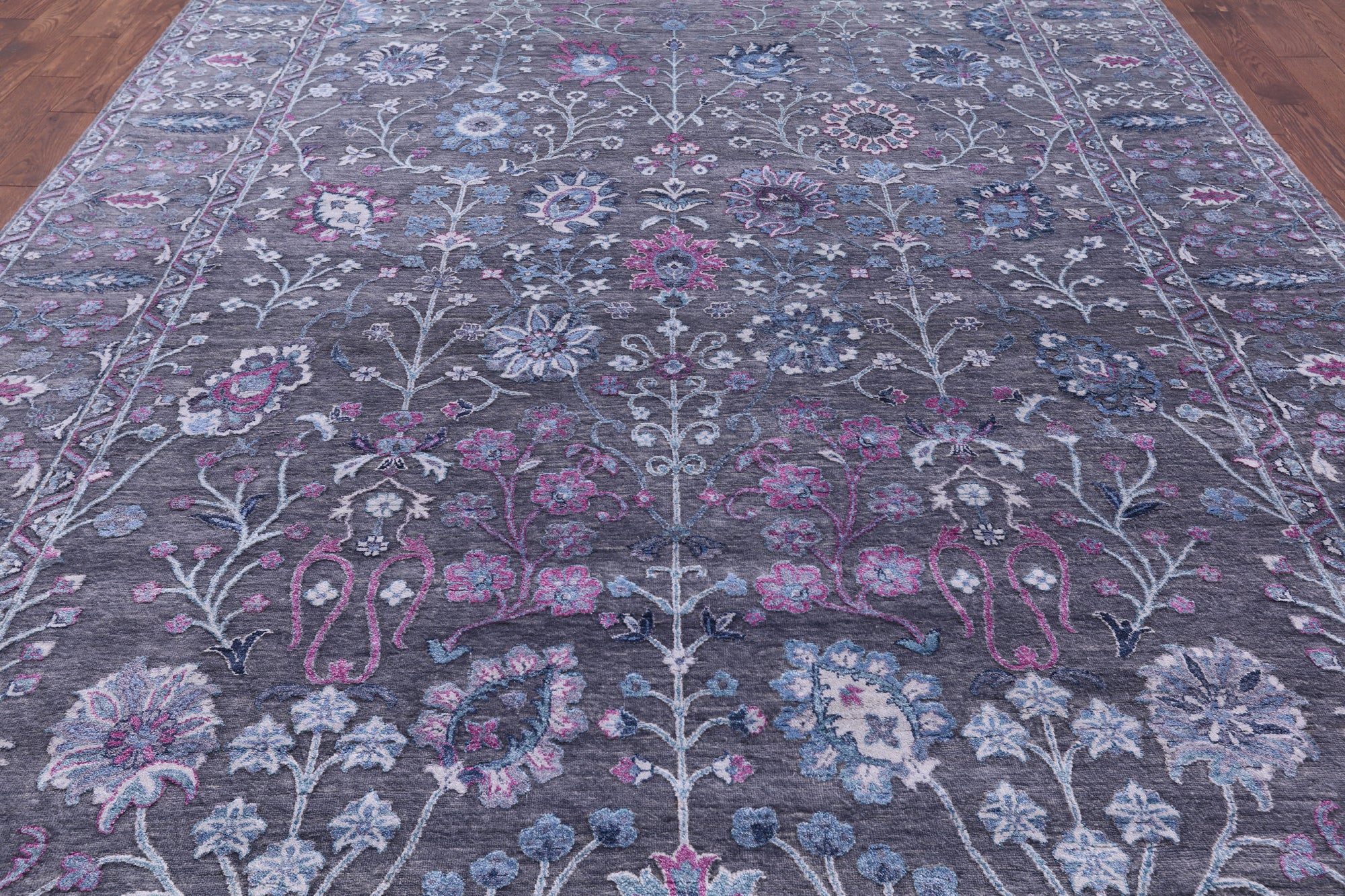 Grey Contemporary Hand Knotted Wool & Silk Rug - 9' 0" X 12' 3" - Golden Nile