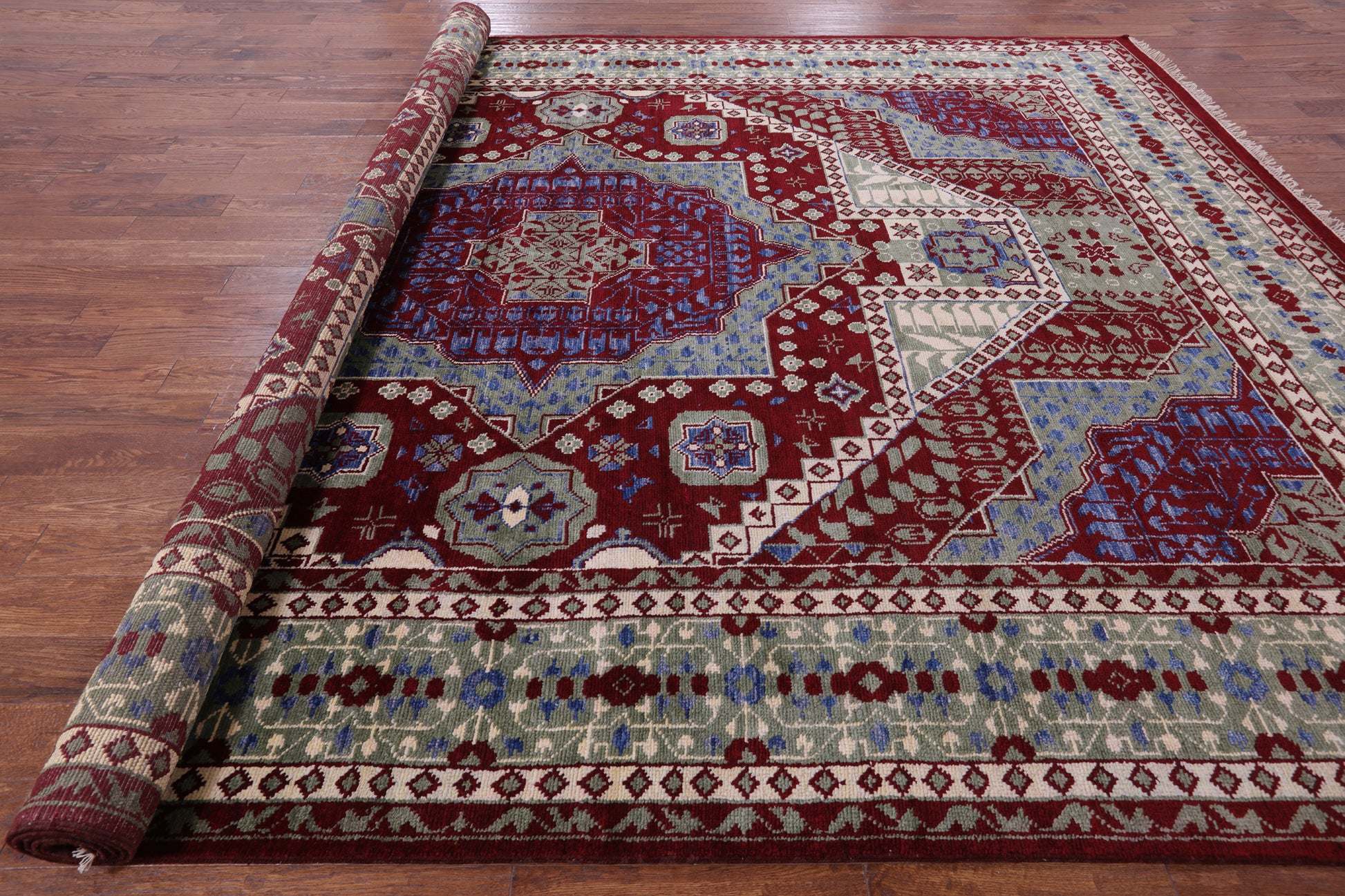 Red Geometric Persian Mamluk Hand Knotted Wool Rug - 10' 3" X 14' 3" - Golden Nile