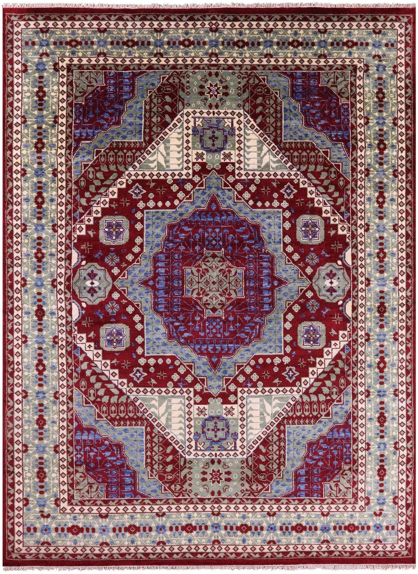 Red Geometric Persian Mamluk Hand Knotted Wool Rug - 10' 3" X 14' 3" - Golden Nile