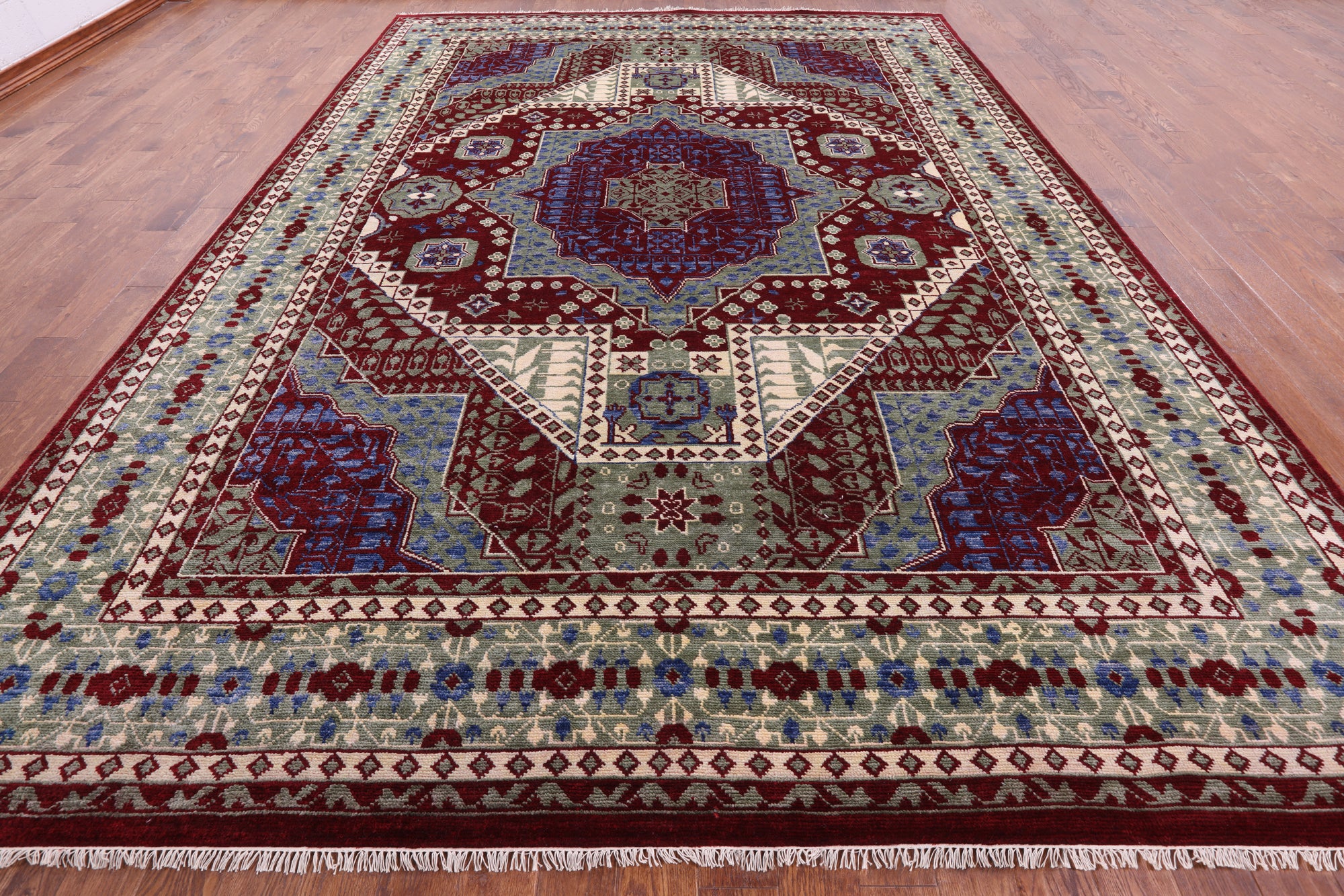 Red Geometric Persian Mamluk Hand Knotted Wool Rug - 10' 3" X 14' 3" - Golden Nile