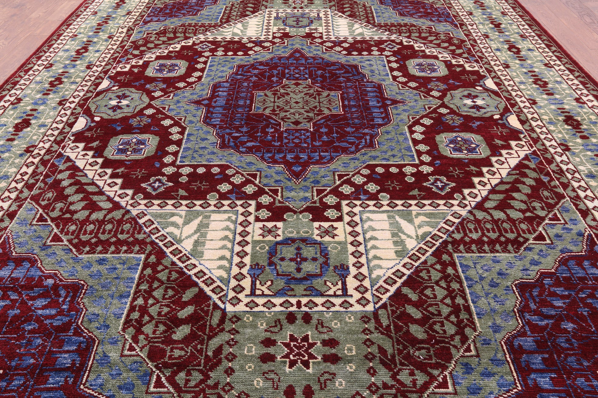 Red Geometric Persian Mamluk Hand Knotted Wool Rug - 10' 3" X 14' 3" - Golden Nile