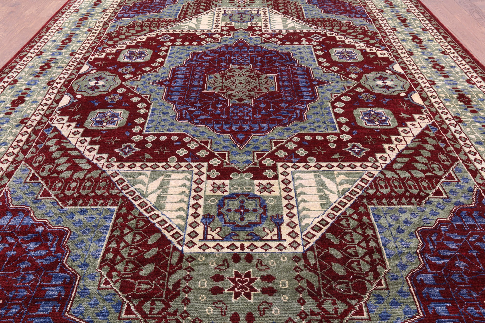 Red Geometric Persian Mamluk Hand Knotted Wool Rug - 10' 3" X 14' 3" - Golden Nile