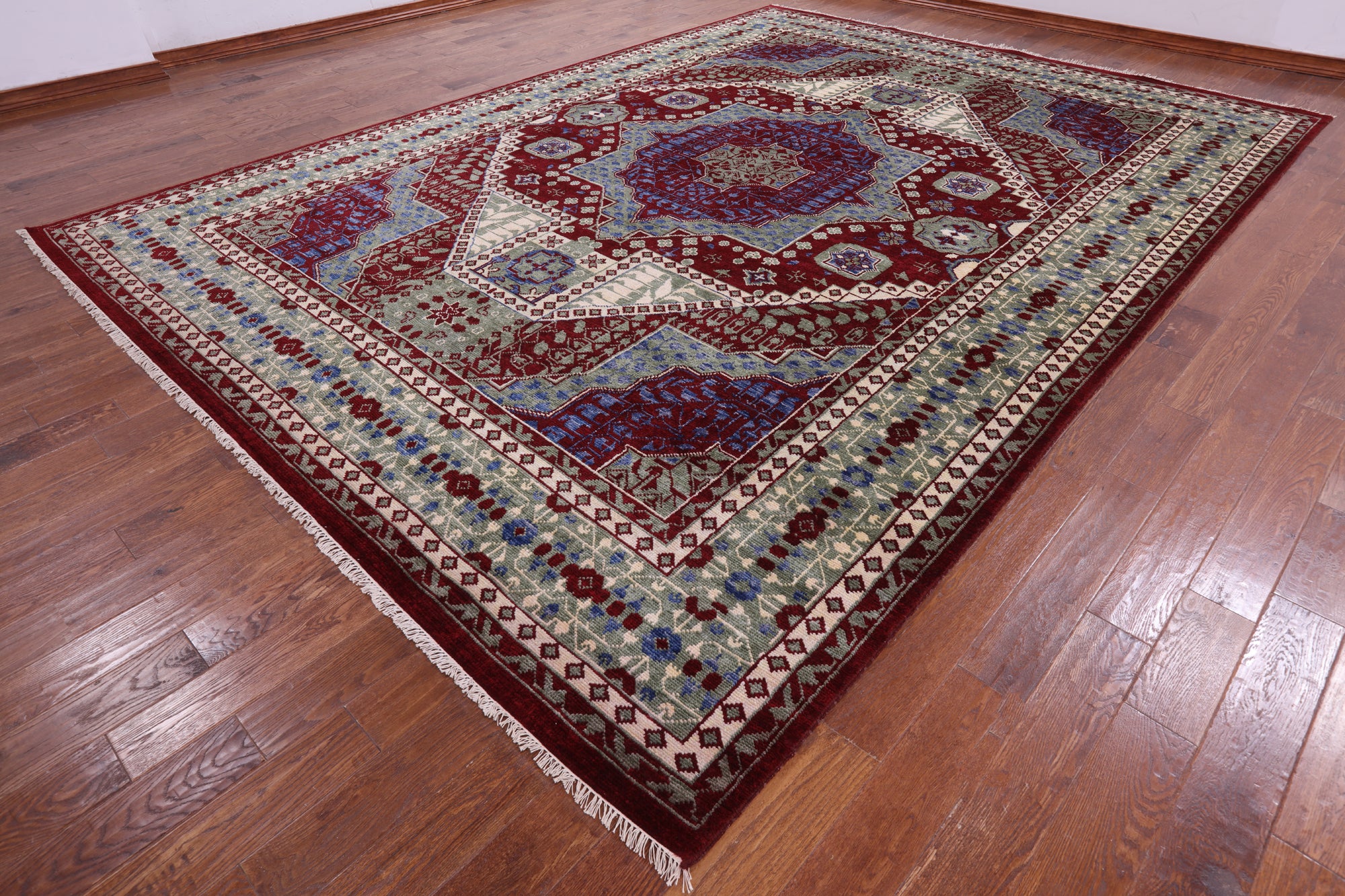 Red Geometric Persian Mamluk Hand Knotted Wool Rug - 10' 3" X 14' 3" - Golden Nile