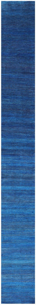 Blue Savannah Grass Handmade Wool & Silk Runner Rug - 2' 7" X 23' 9" - Golden Nile