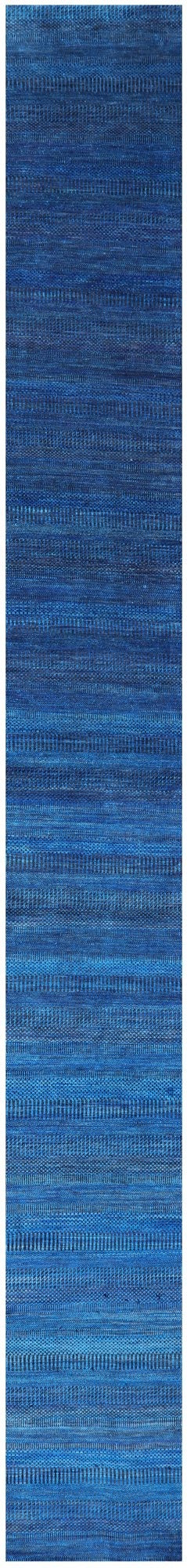 Blue Savannah Grass Handmade Wool & Silk Runner Rug - 2' 7" X 23' 9" - Golden Nile