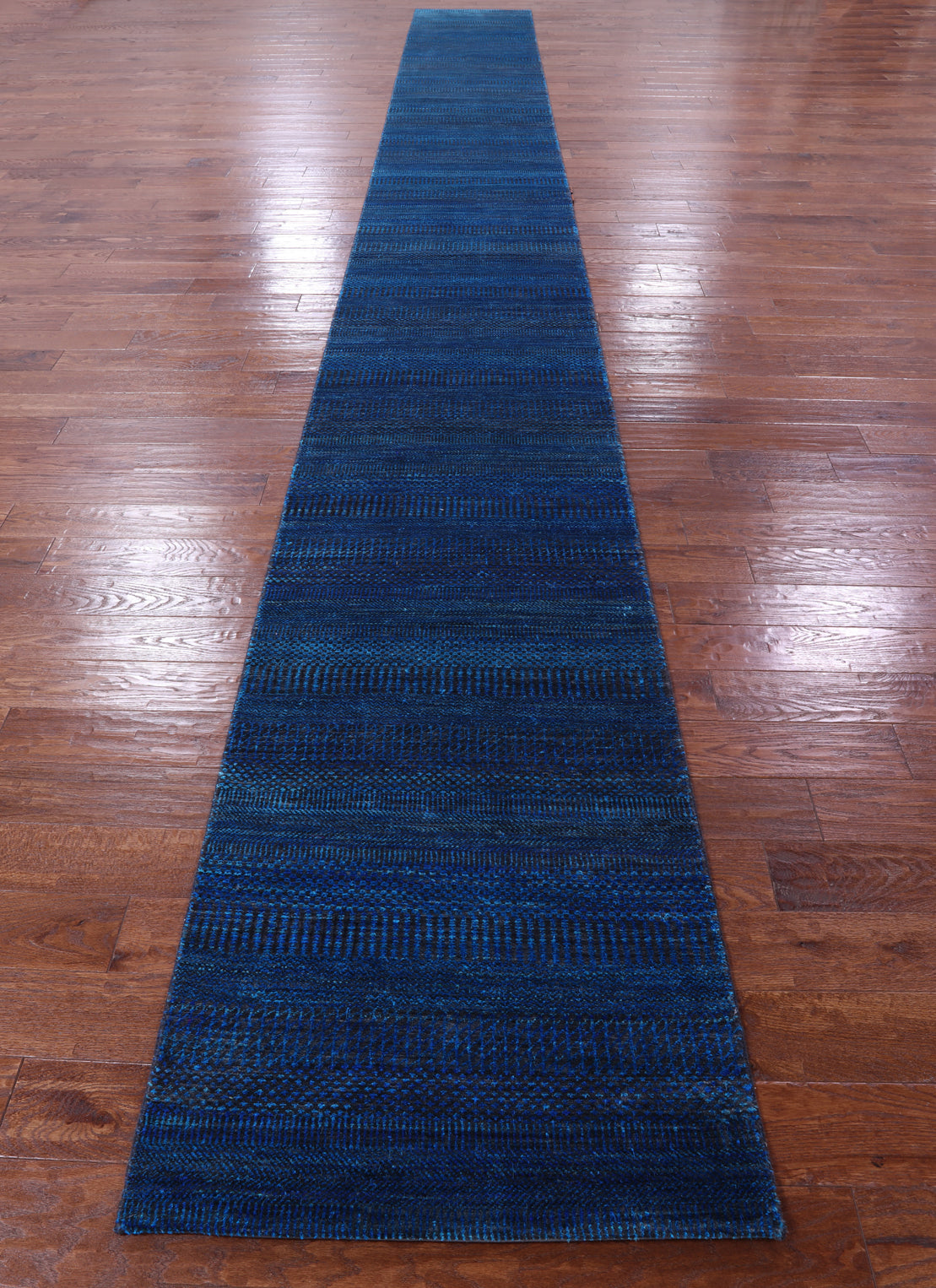 Blue Savannah Grass Handmade Wool & Silk Runner Rug - 2' 7" X 23' 9" - Golden Nile