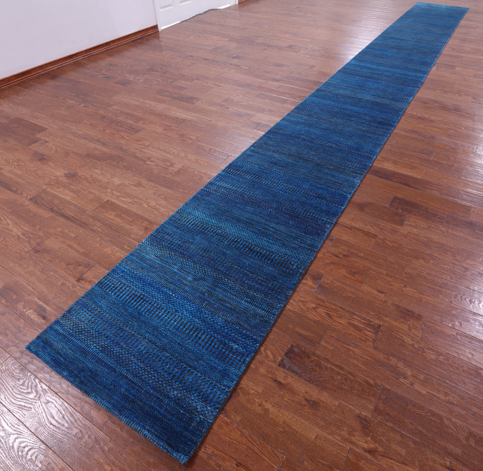 Blue Savannah Grass Handmade Wool & Silk Runner Rug - 2' 7" X 23' 9" - Golden Nile