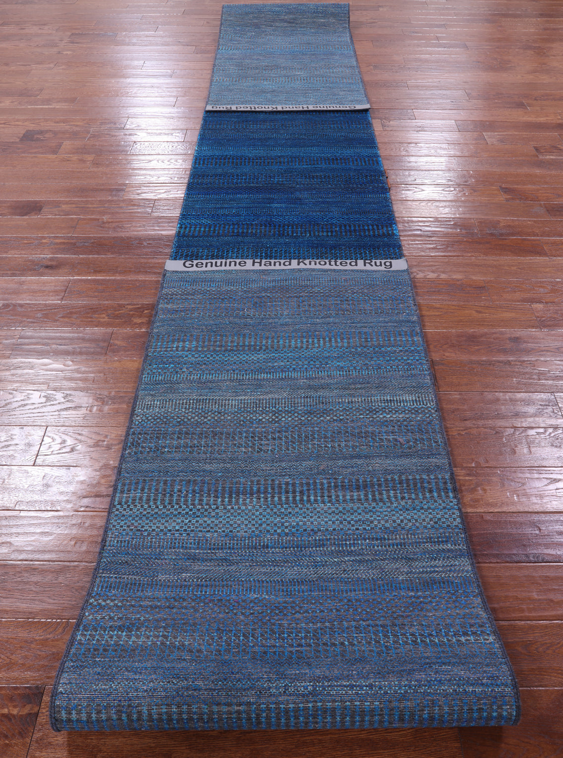 Blue Savannah Grass Handmade Wool & Silk Runner Rug - 2' 7" X 23' 9" - Golden Nile