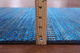 Blue Savannah Grass Handmade Wool & Silk Runner Rug - 2' 7" X 23' 9" - Golden Nile