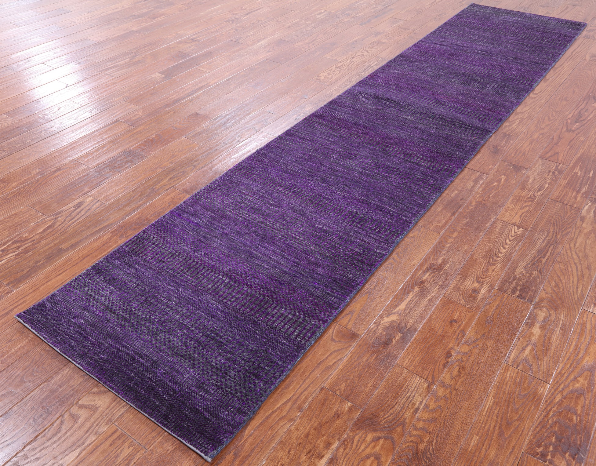 Purple Savannah Grass Hand Knotted Wool & Silk Runner Rug - 2' 8" X 12' 3" - Golden Nile
