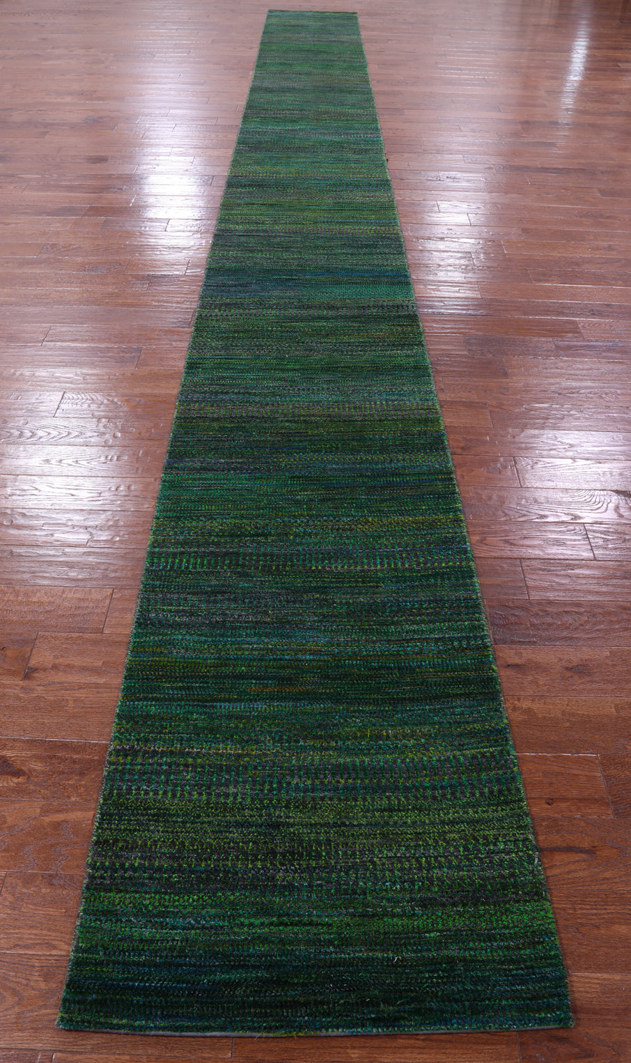 Green Savannah Grass Hand Knotted Wool & Silk Runner Rug - 2' 6" X 24' 0" - Golden Nile