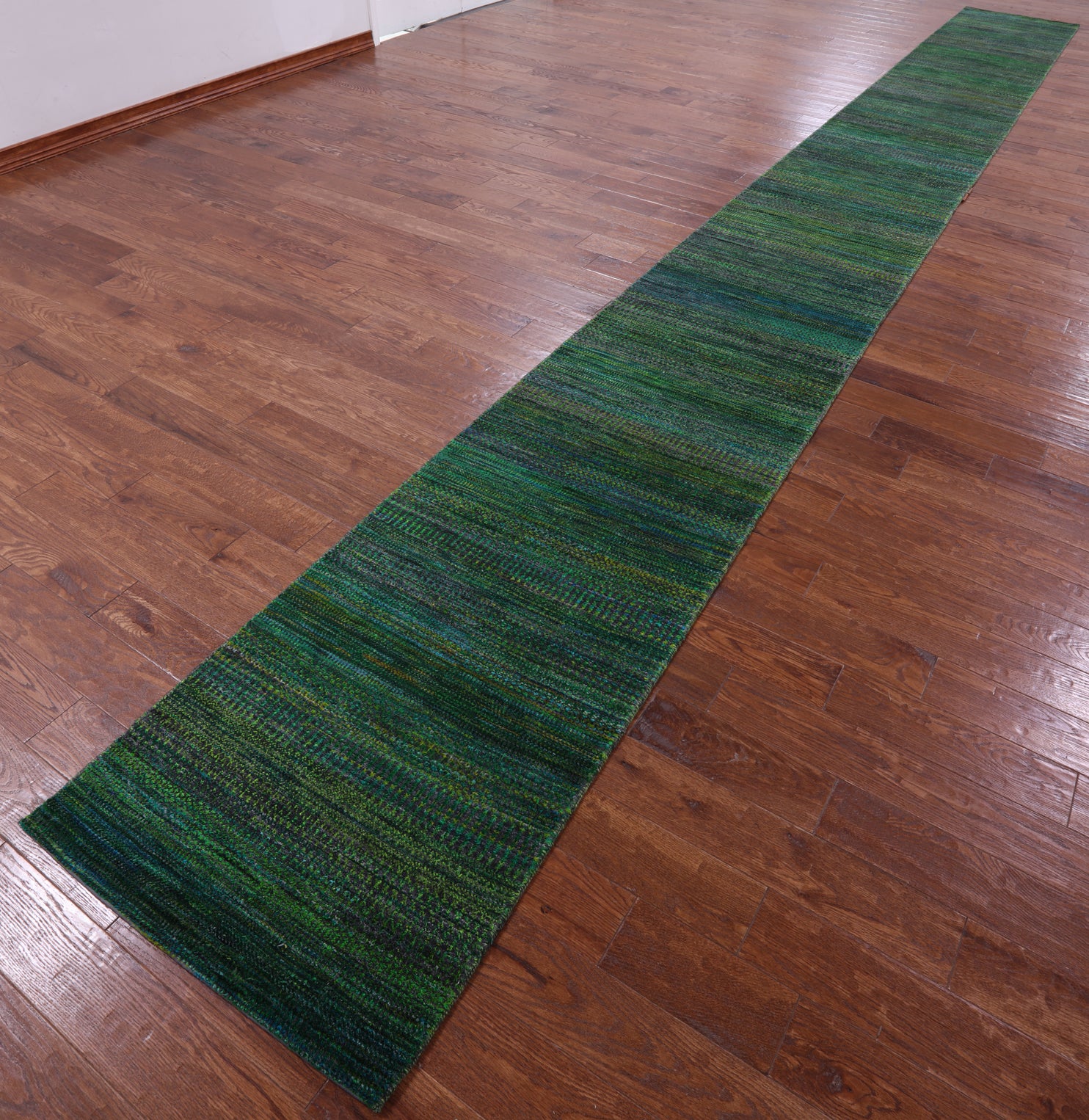 Green Savannah Grass Hand Knotted Wool & Silk Runner Rug - 2' 6" X 24' 0" - Golden Nile