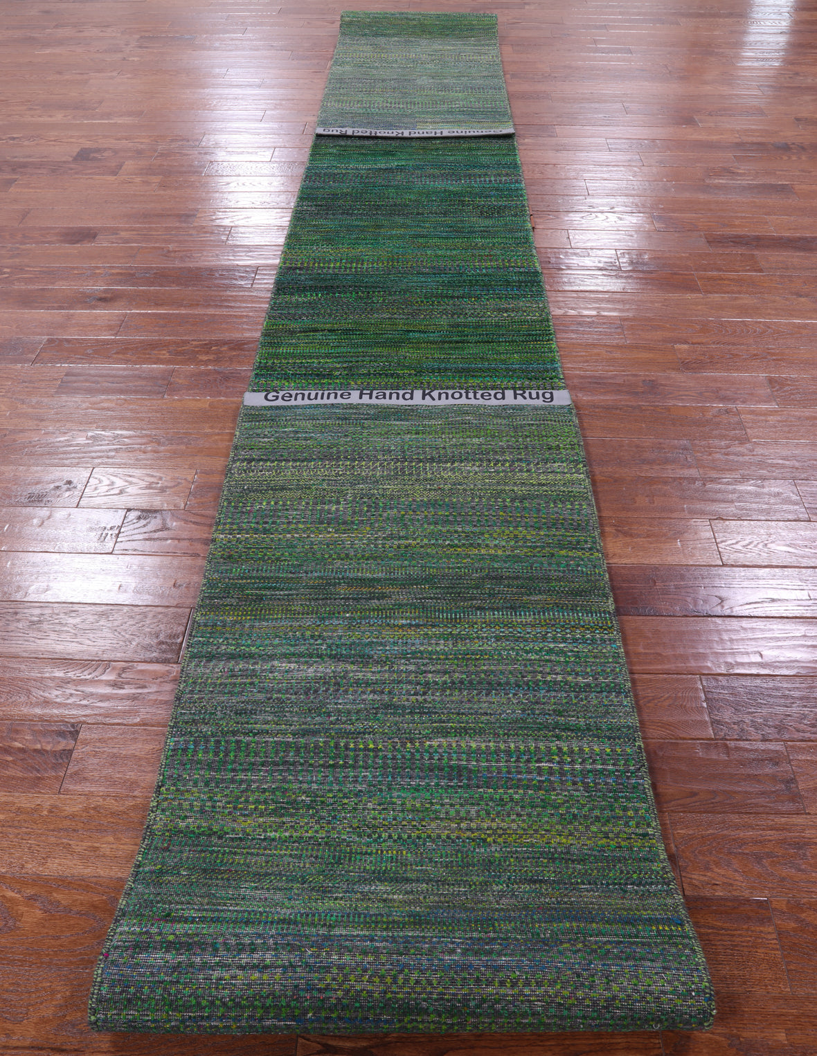 Green Savannah Grass Hand Knotted Wool & Silk Runner Rug - 2' 6" X 24' 0" - Golden Nile