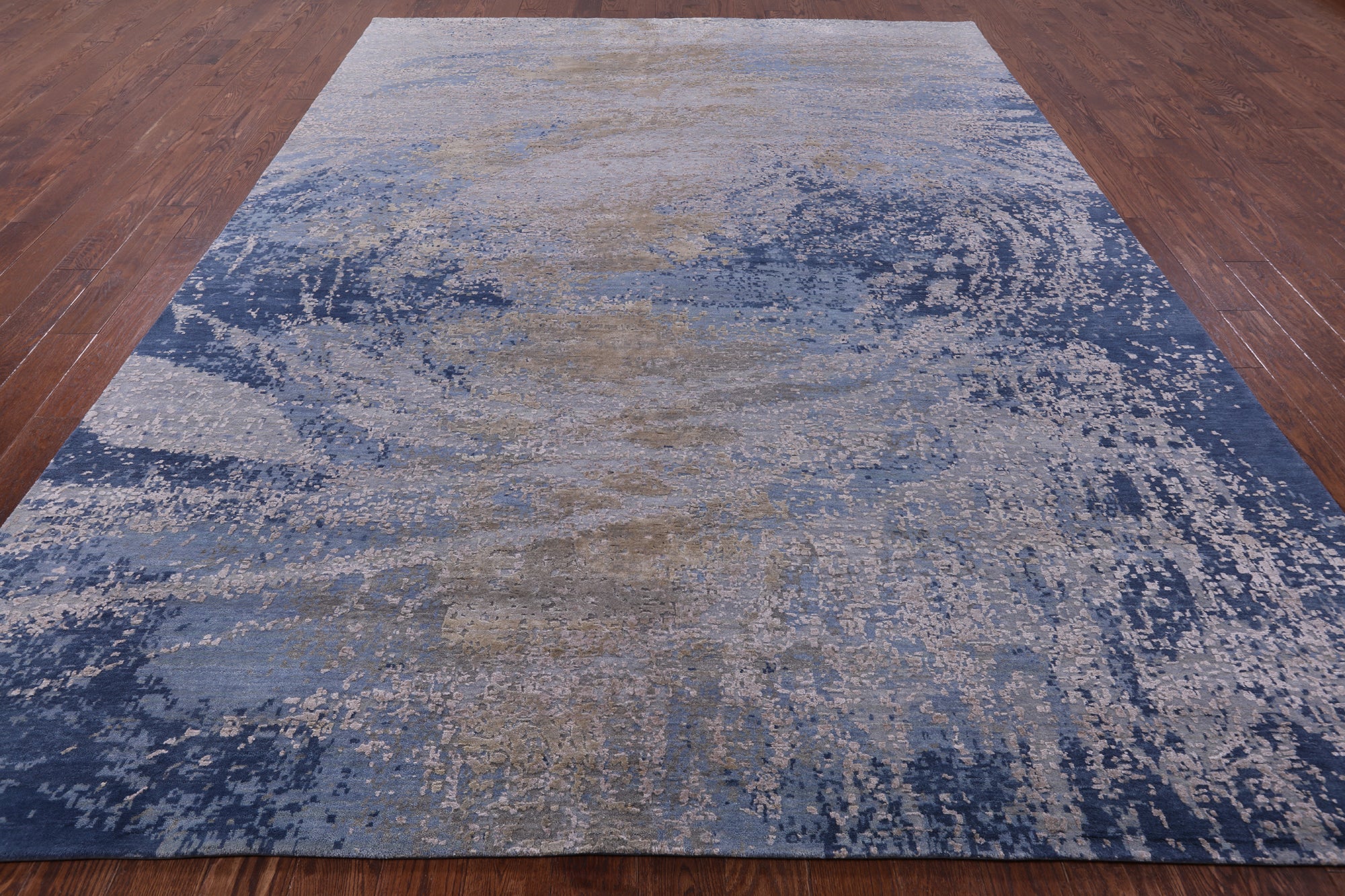Contemporary Hand Knotted Wool & Silk Ocean Design Rug - 8' 11" X 12' 2" - Golden Nile