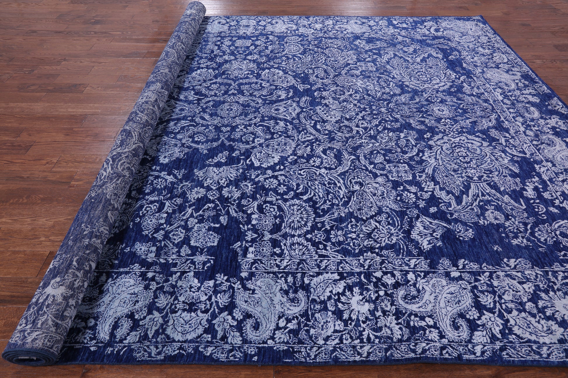 Blue Contemporary Hand Knotted Wool & Silk Rug - 10' 2" X 14' 1" - Golden Nile