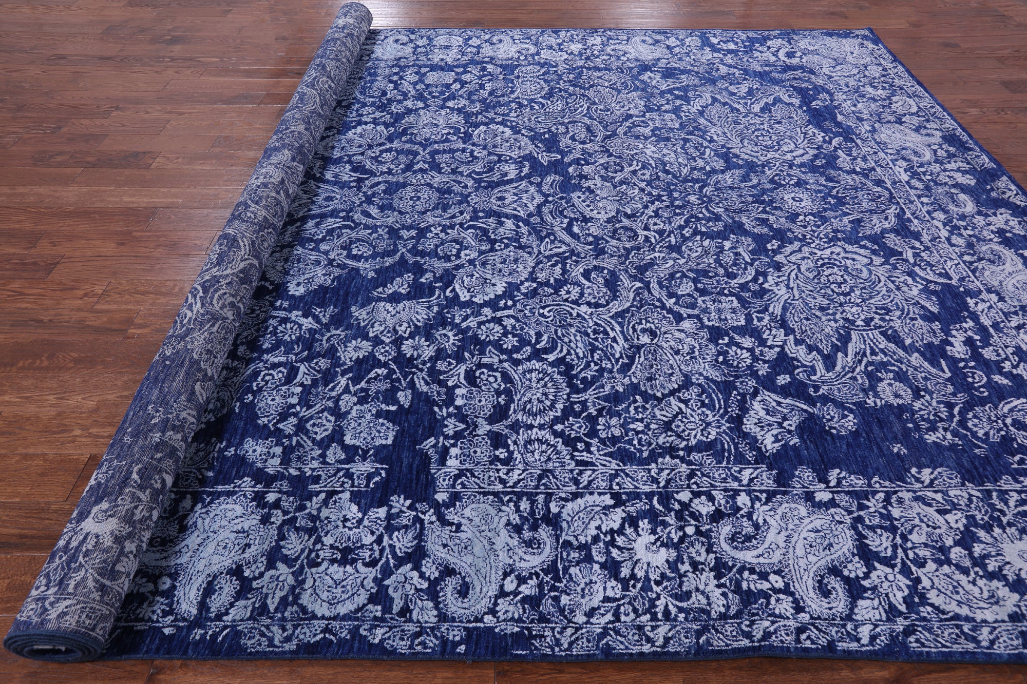 Blue Contemporary Hand Knotted Wool & Silk Rug - 10' 2" X 14' 1" - Golden Nile
