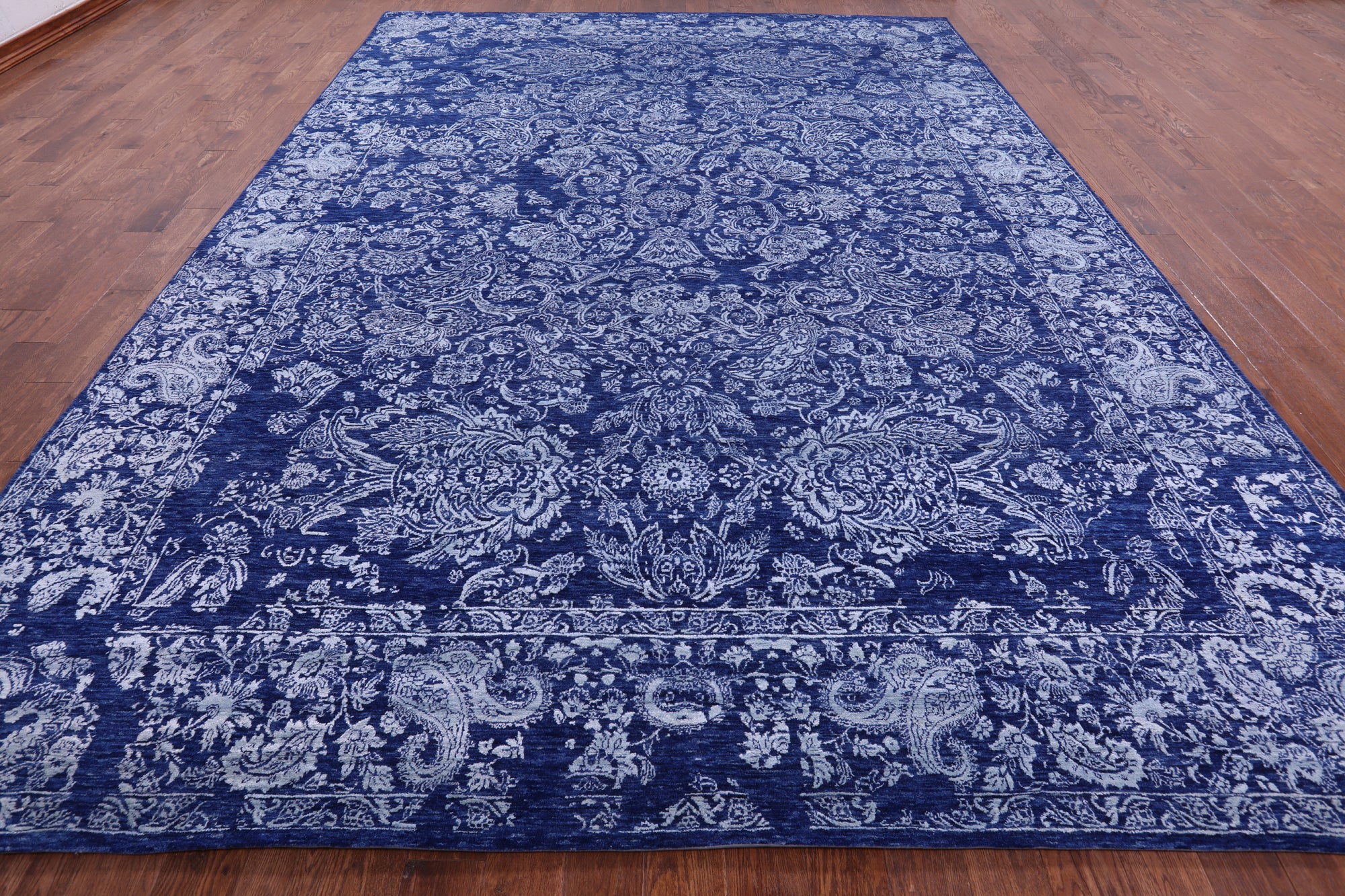 Blue Contemporary Hand Knotted Wool & Silk Rug - 10' 2" X 14' 1" - Golden Nile