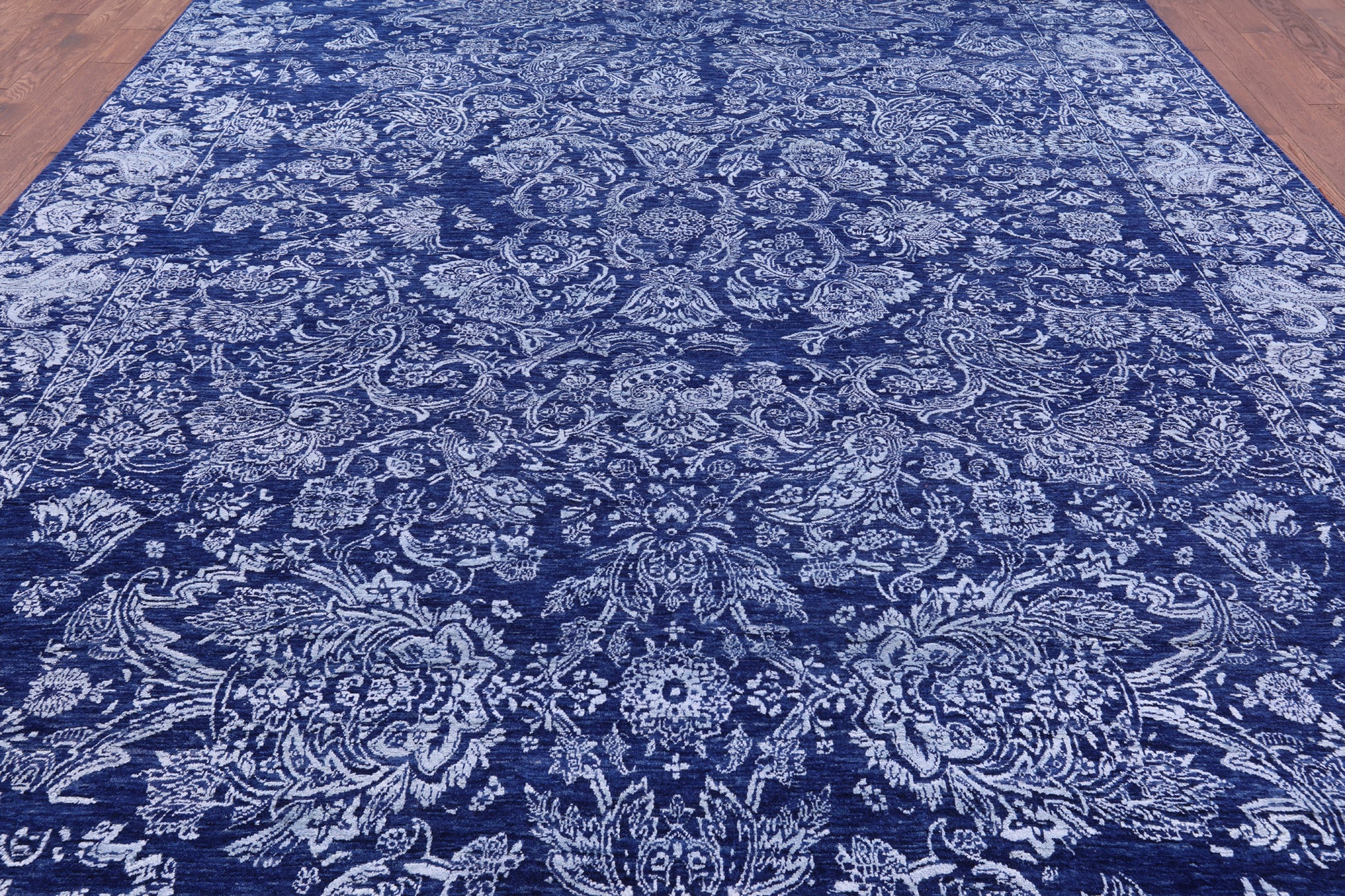Blue Contemporary Hand Knotted Wool & Silk Rug - 10' 2" X 14' 1" - Golden Nile
