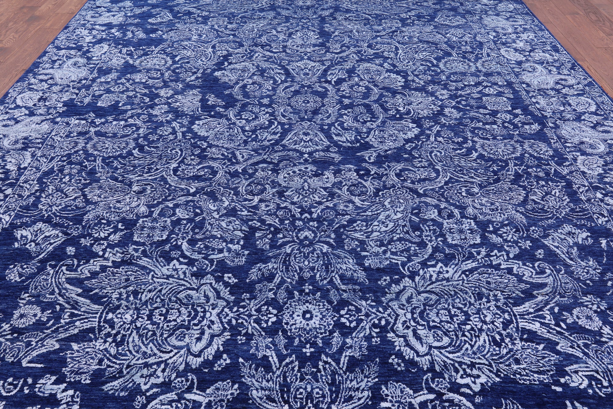 Blue Contemporary Hand Knotted Wool & Silk Rug - 10' 2" X 14' 1" - Golden Nile
