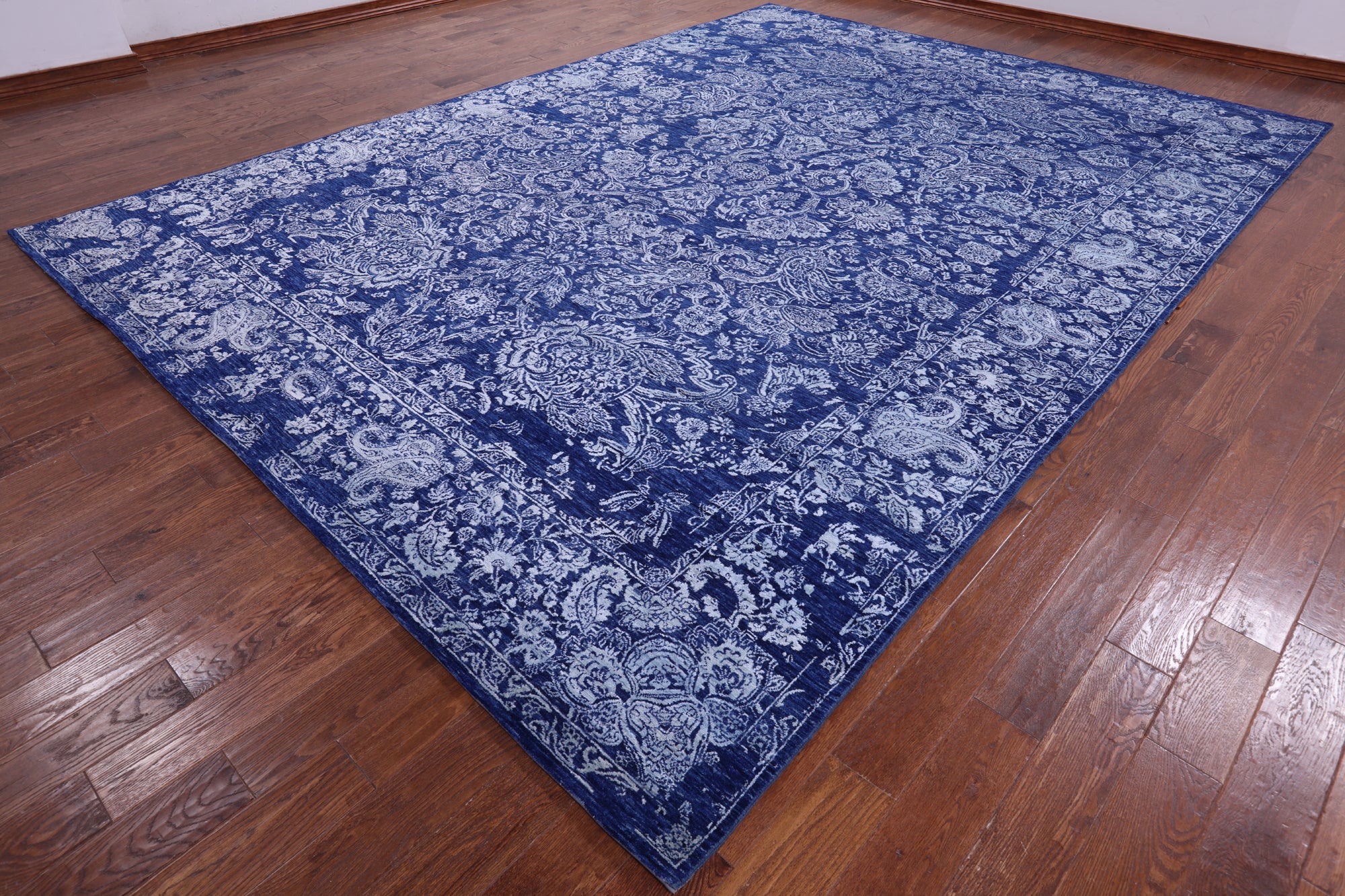 Blue Contemporary Hand Knotted Wool & Silk Rug - 10' 2" X 14' 1" - Golden Nile