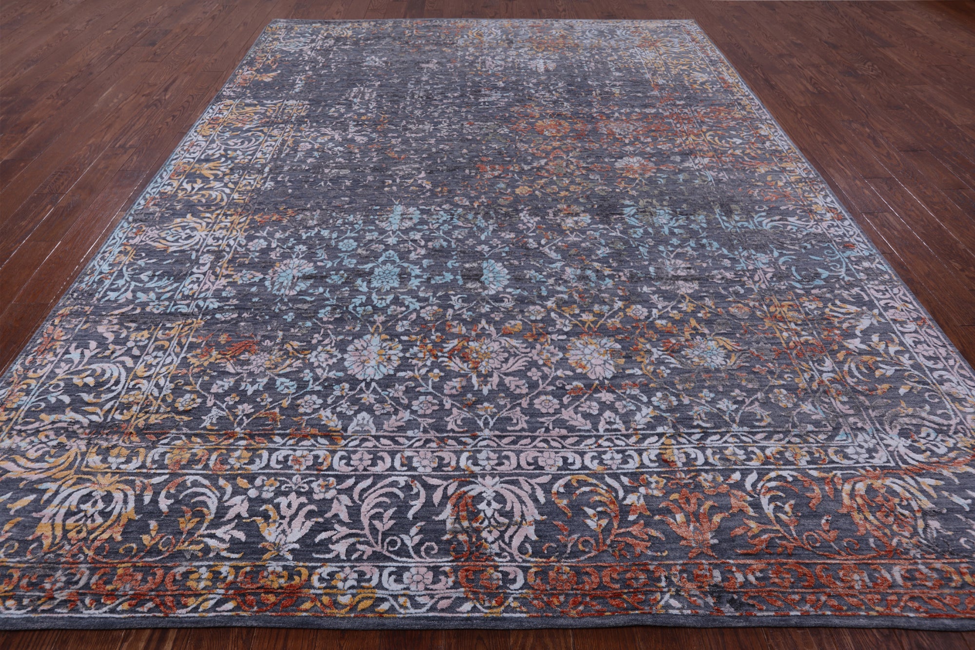 Grey Modern Hand Knotted Wool & Silk Rug - 8' 11" X 11' 11" - Golden Nile